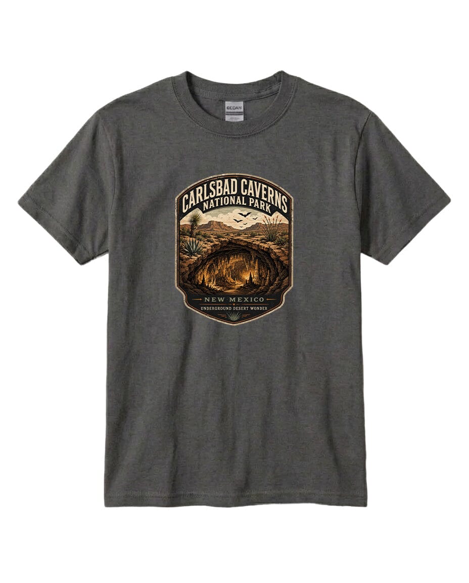 A gray t-shirt with a graphic design featuring a cave and mountains, along with text that says "CARLSBAD CAVENS NATIONAL PARK NEW MEXICO UNDERGROUND WONDERS".