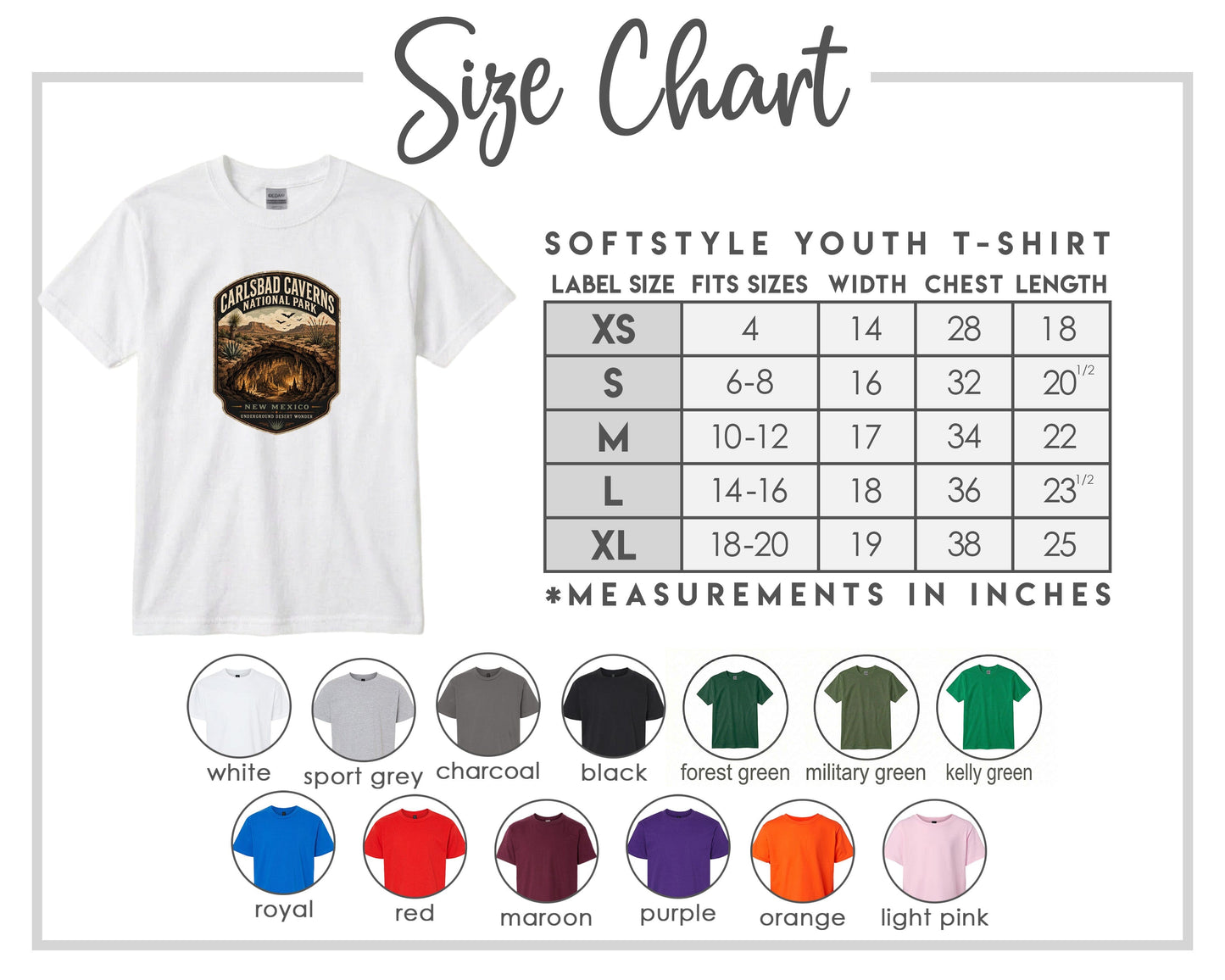 The image is a size chart for a softstyle youth t-shirt, providing measurements for different sizes and corresponding t-shirt colors.