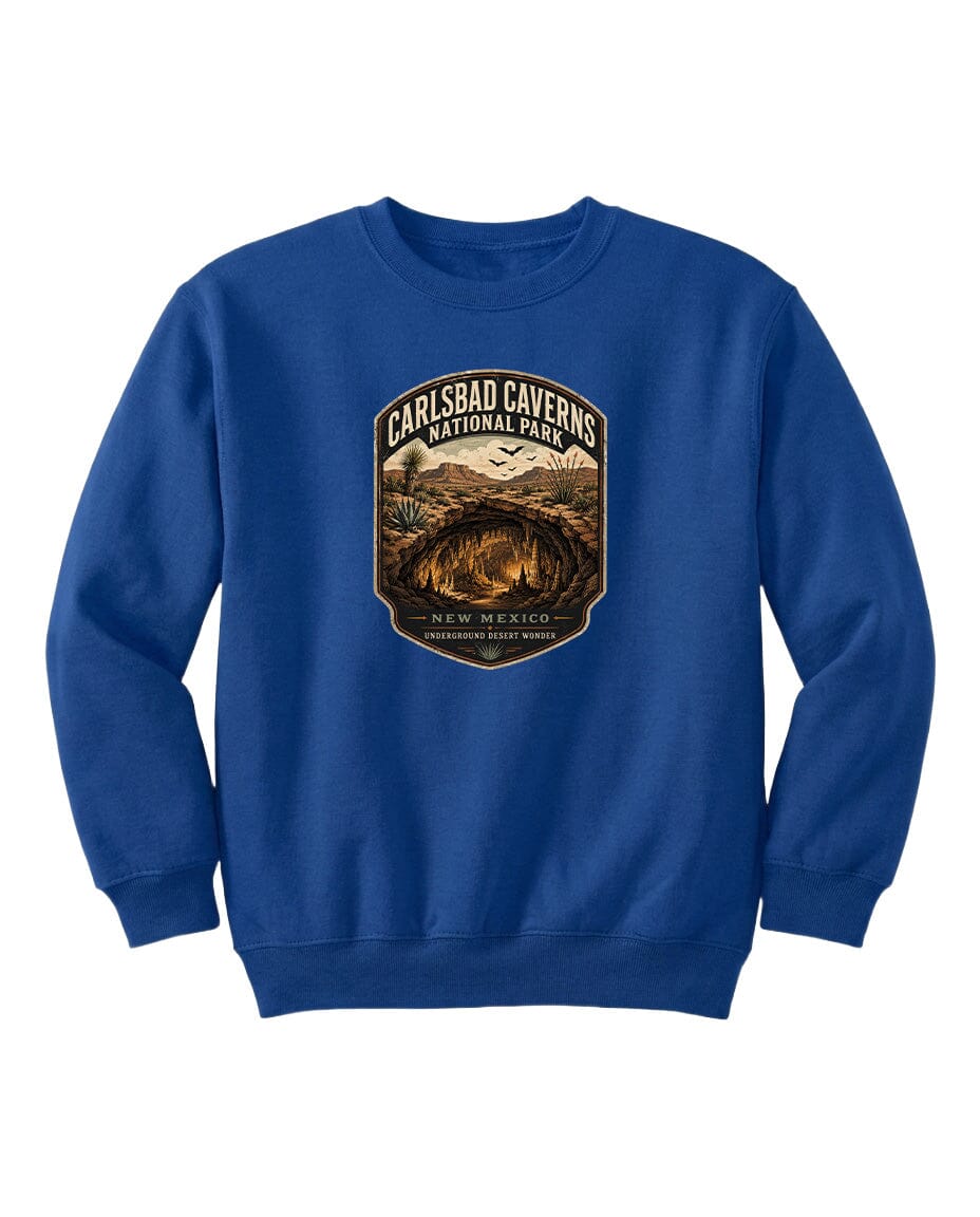 A blue sweatshirt with a graphic design featuring a desert landscape and the text "CARLSBAD CAVERSNATIONAL PARK NEW MEXICO UNDERGROUND WONDER".