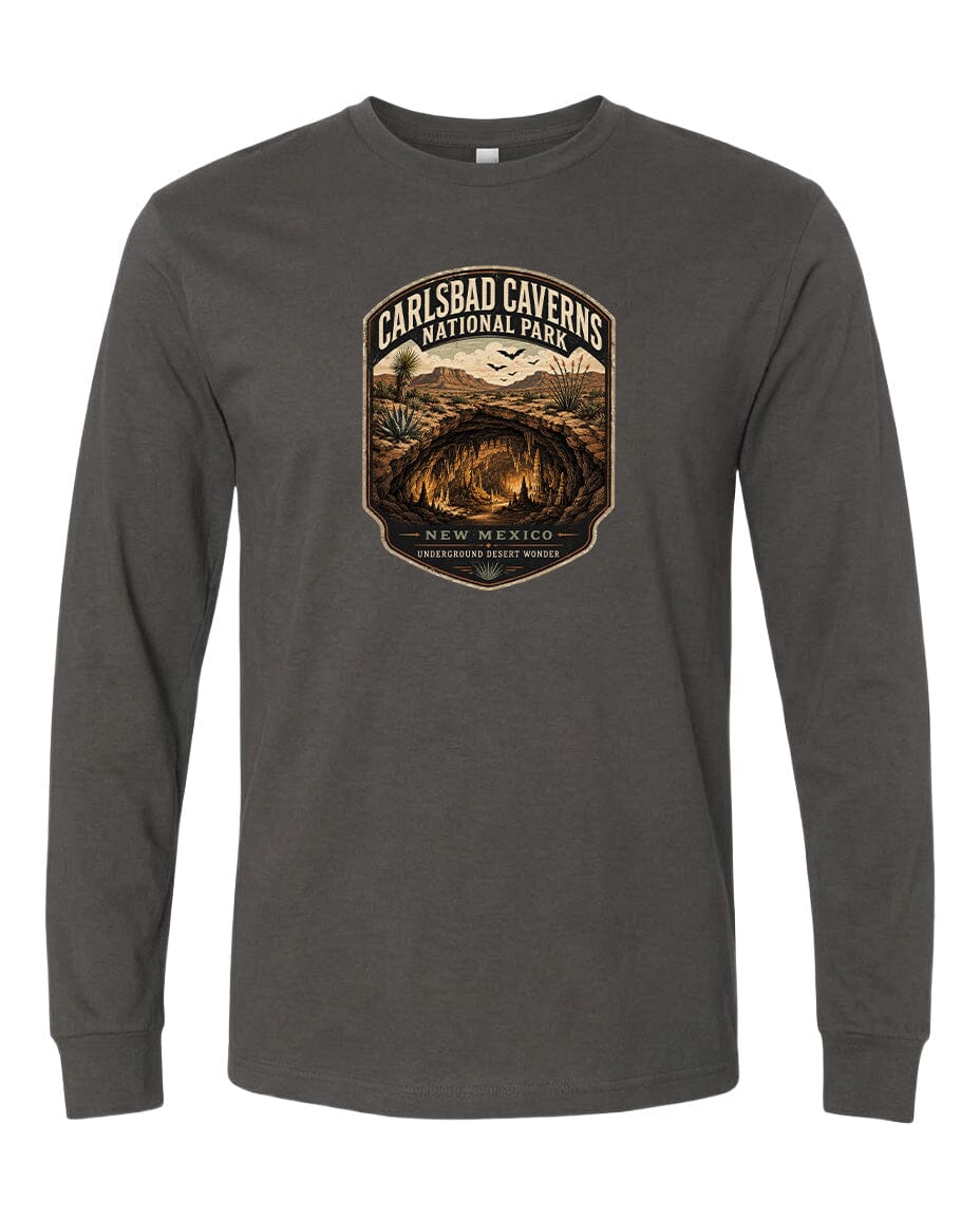 A gray long-sleeved t-shirt with a graphic design depicting the Carlsbad Caverns National Park in New Mexico.