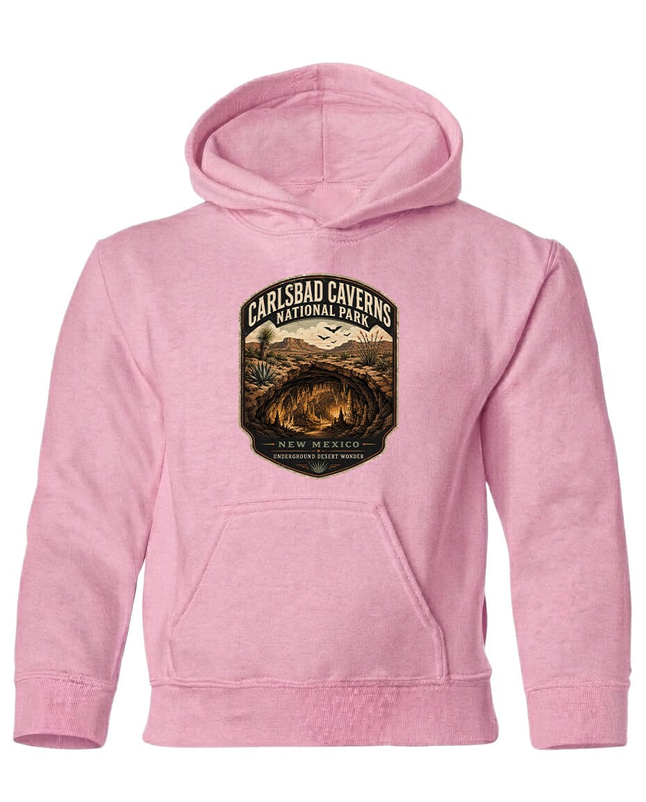A pink hoodie with a graphic design depicting a cave or natural landscape.