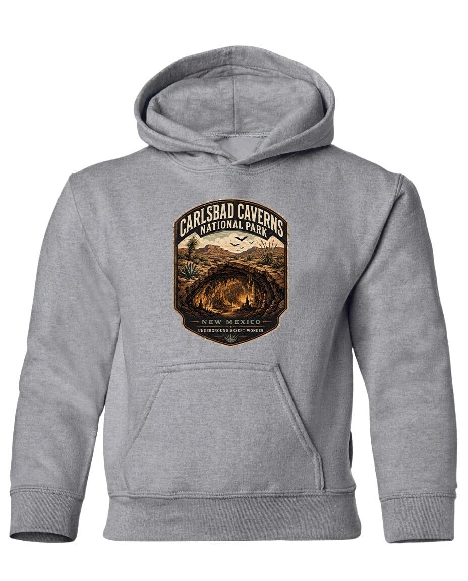 A gray hooded sweatshirt with a graphic design featuring a desert landscape and the text "CARLSBAD CAVENS NATIONAL PARK" printed on it.