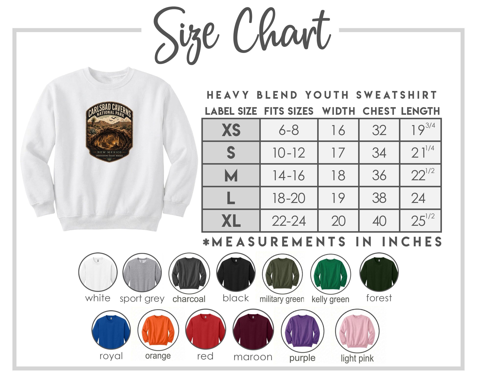 The image is a size chart for a heavy blend youth sweatshirt, including various color options and corresponding measurements in inches.