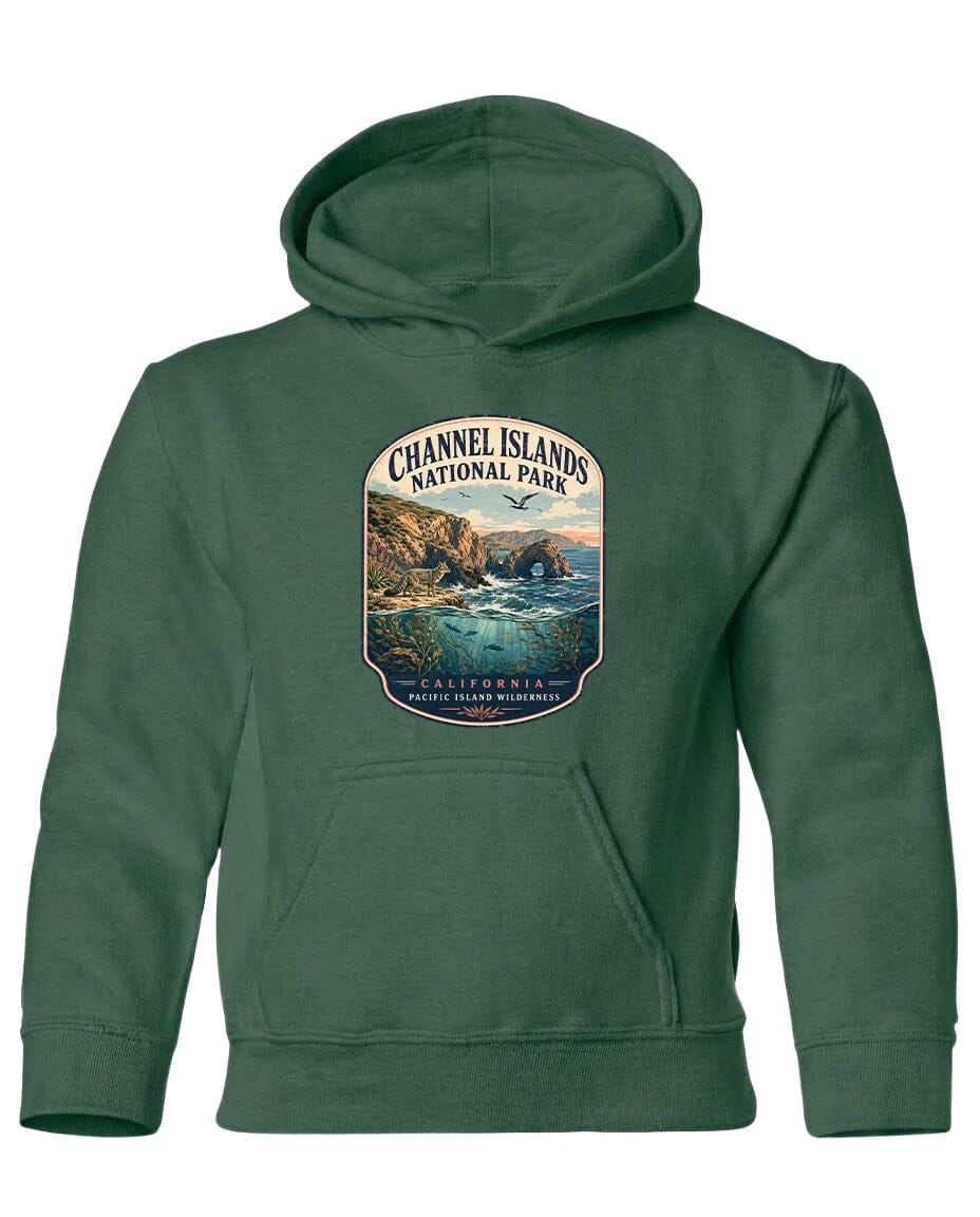 A green hoodie with a graphic design depicting a scenic landscape, including a body of water, mountains, and a sunset.