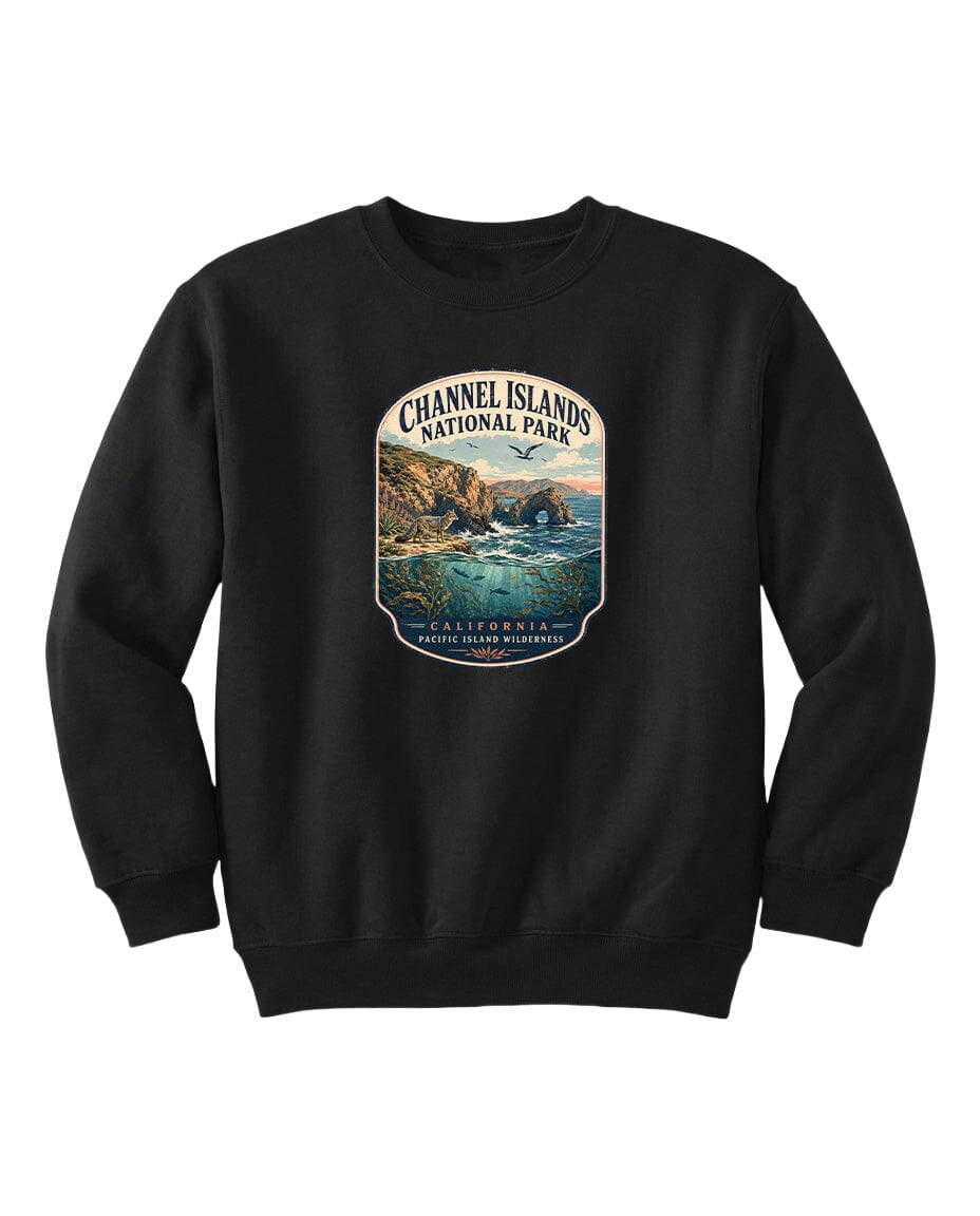 A black sweatshirt with a graphic design depicting a scenic coastal landscape with cliffs, water, and a sunset sky.