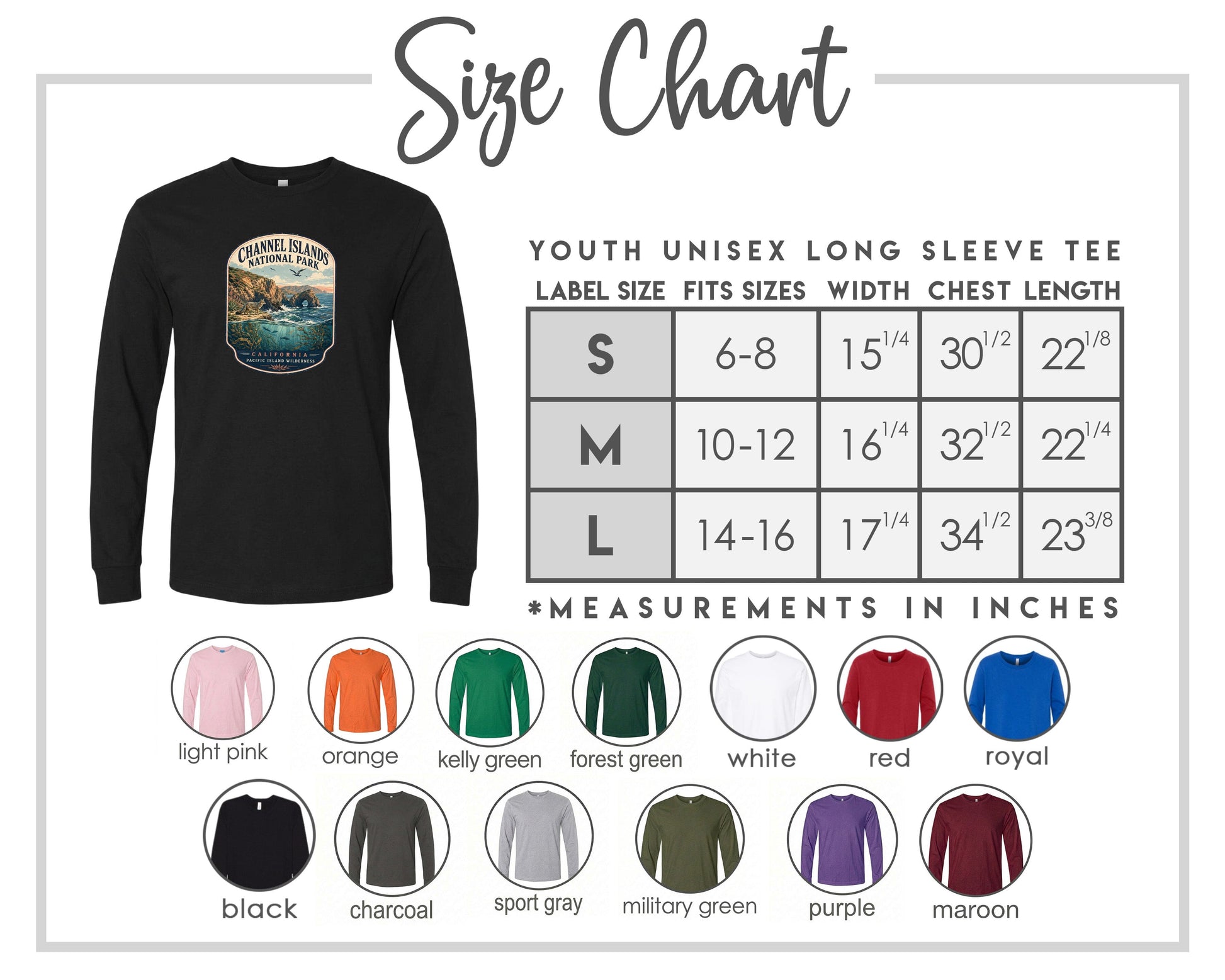 The image is a size chart for a youth unisex long sleeve tee, including various color options and corresponding measurements.