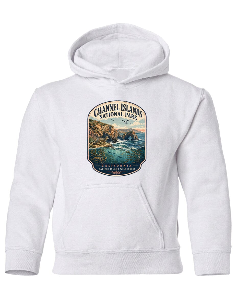 A white hoodie with a graphic design depicting a scenic landscape, including a body of water, mountains, and a sunset.