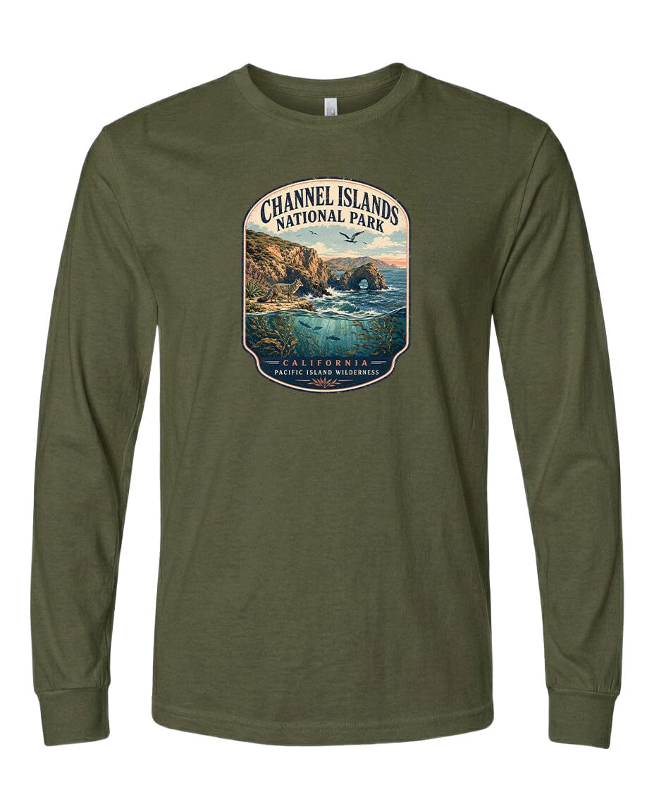 A t-shirt with a graphic design depicting a scenic coastal landscape, including cliffs, water, and a sunset.