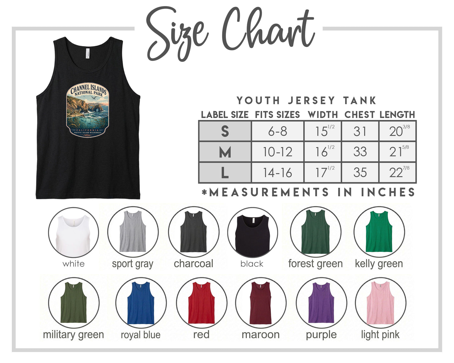 The image is a size chart for a youth jersey tank, displaying various label sizes and corresponding chest measurements. The chart includes a black tank with a graphic design and a list of sizes and measurements.