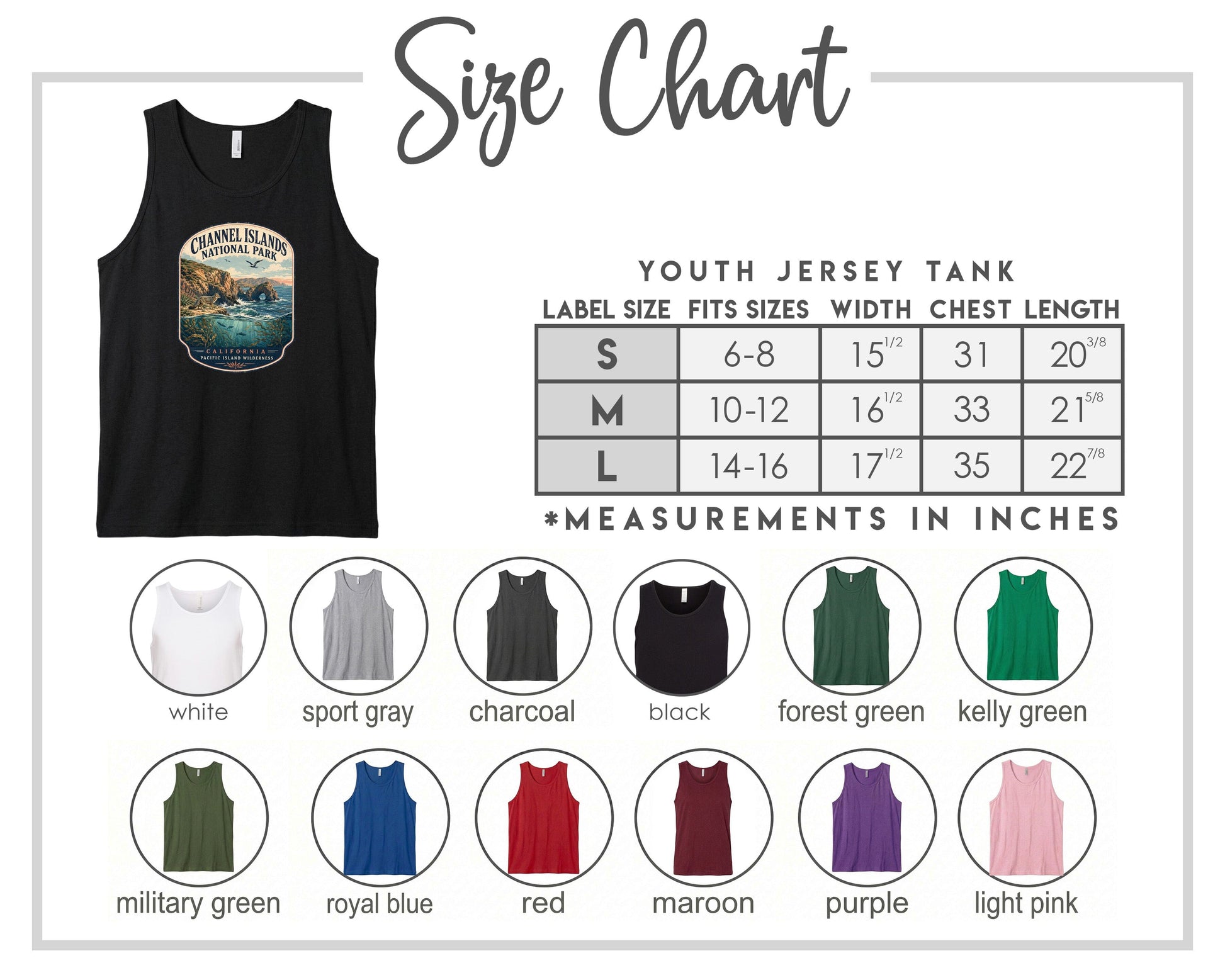 The image is a size chart for a youth jersey tank, displaying various label sizes and corresponding chest measurements. The chart includes a black tank with a graphic design and a list of sizes and measurements.