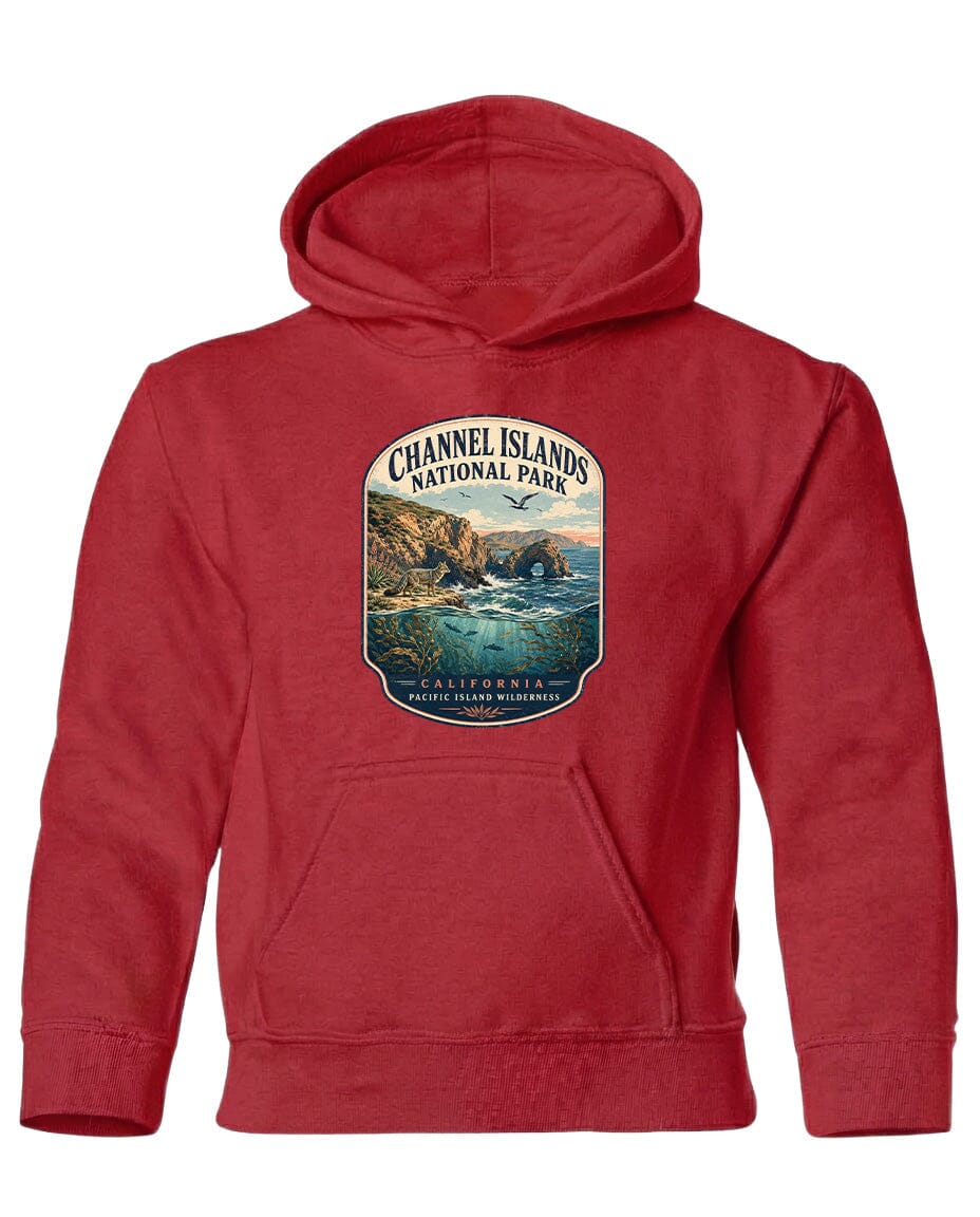 A red hooded sweatshirt with a graphic design depicting a scenic landscape, including a body of water, mountains, and a bird in flight.