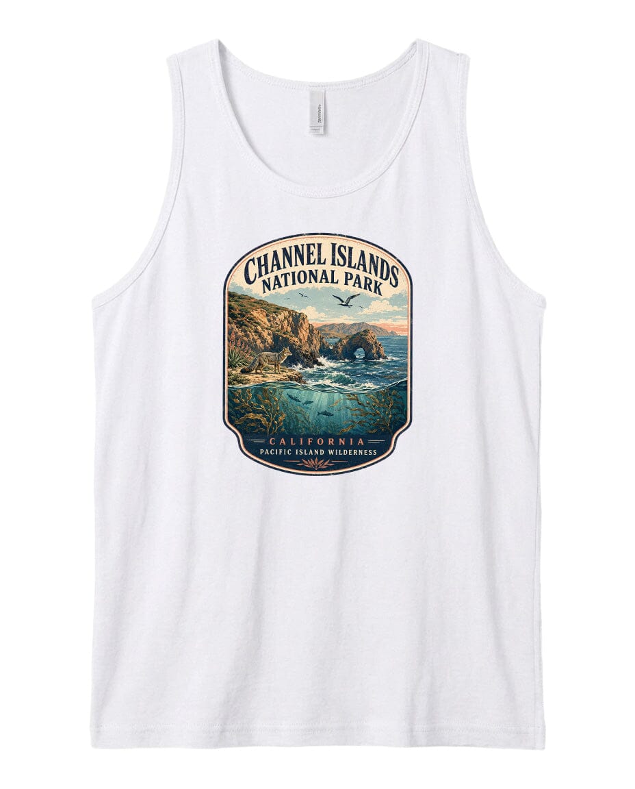 A white tank top with a graphic design depicting a scenic landscape with mountains, water, and a bird in flight.