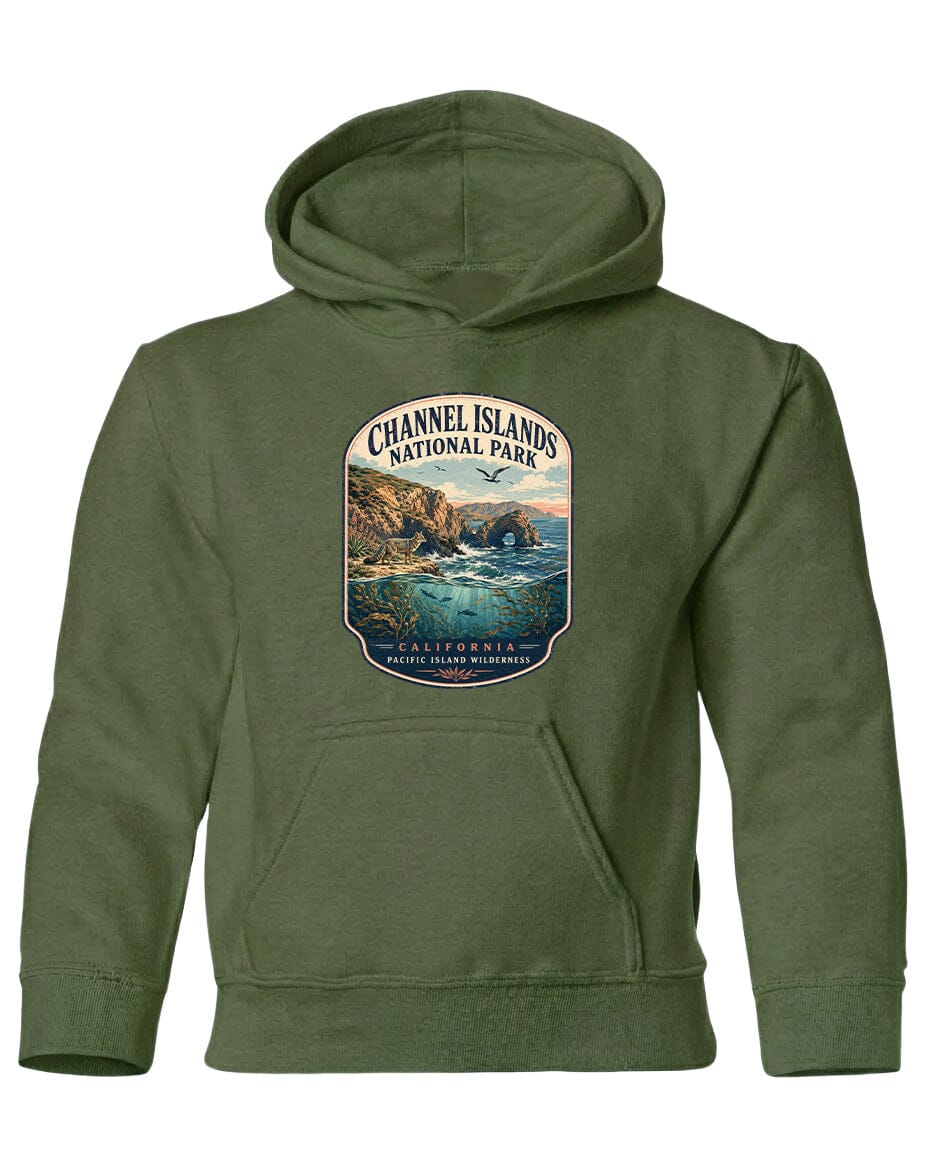 A green hoodie with a graphic design depicting a scenic landscape, including a rocky coastline, ocean, and mountains, along with the text "Channel Islands National Park" and "California, Pacific High Desert".