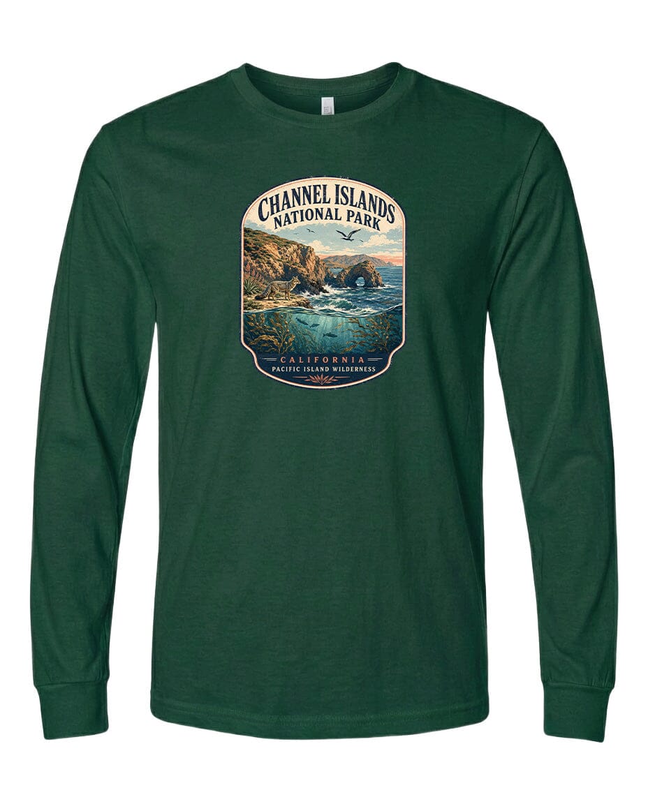 A green long-sleeved t-shirt with a graphic design depicting a scenic coastal landscape, including cliffs, water, and a sunset.