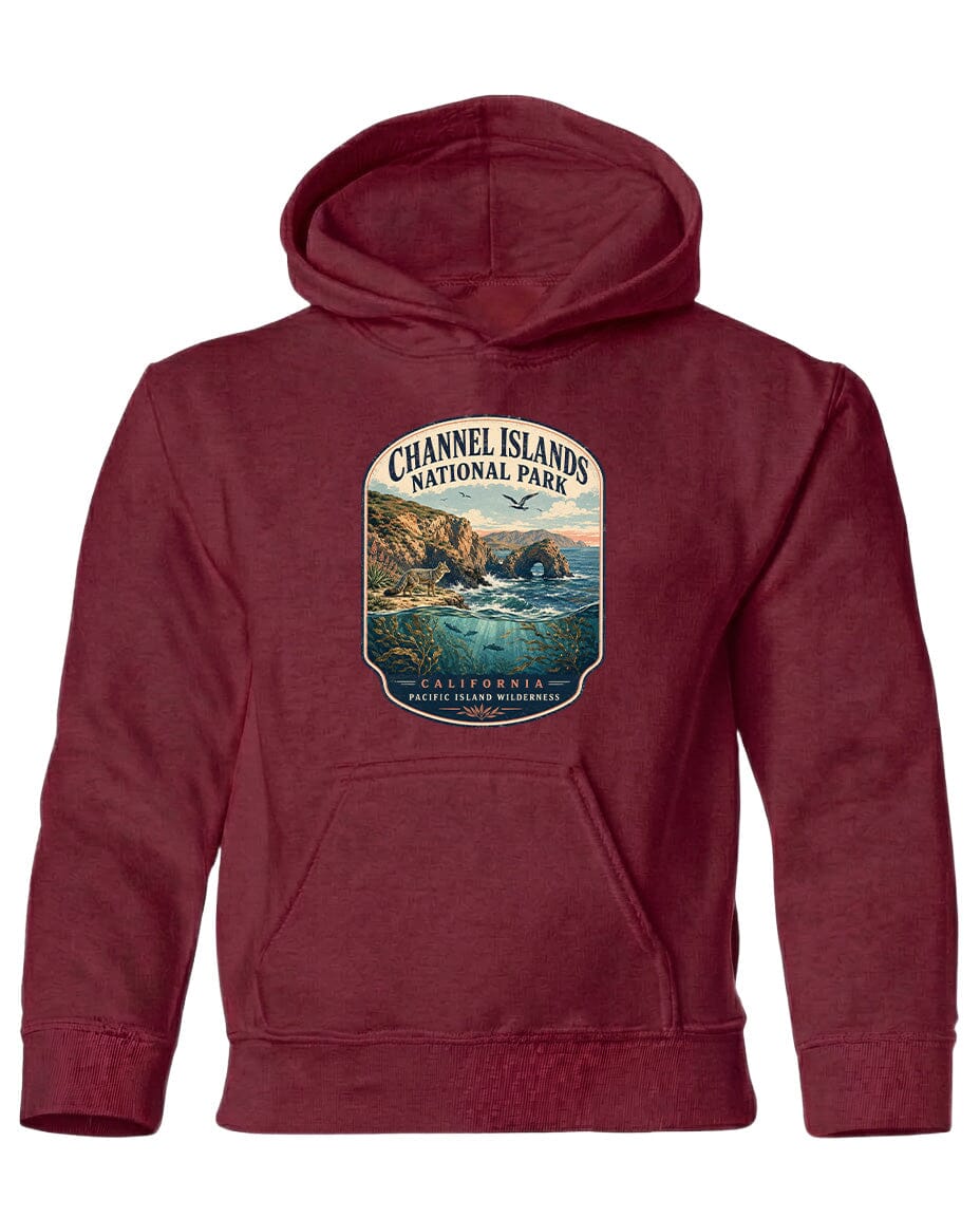 A red hooded sweatshirt with a graphic design depicting a scenic landscape, including a body of water, mountains, and a bird in flight.