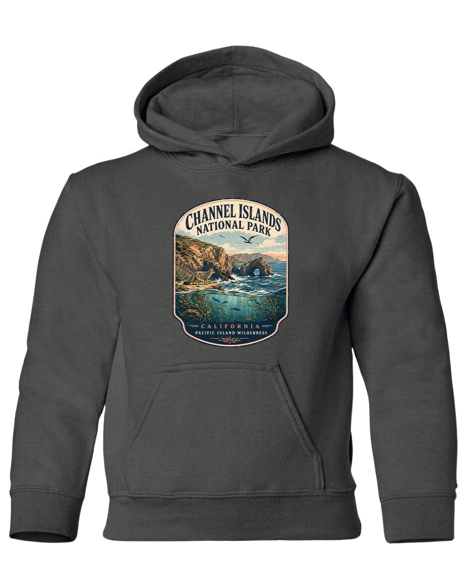 A gray hoodie with a graphic design depicting a scenic landscape, including a rocky coastline, ocean, and mountains, along with the text "Channel Islands National Park" and "California, Oregon, Washington".