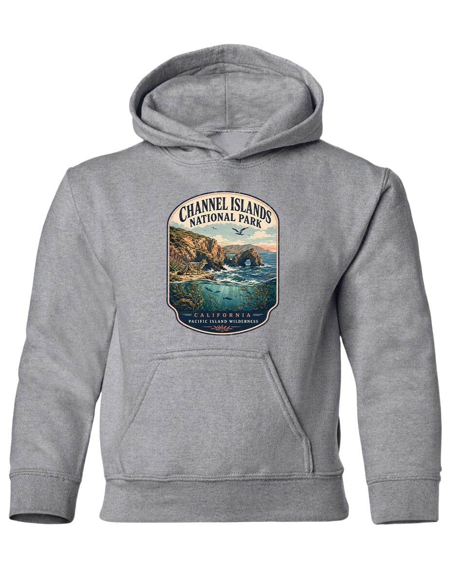 A gray hoodie with a graphic design depicting a scenic coastal landscape, including cliffs, water, and a sunset sky.