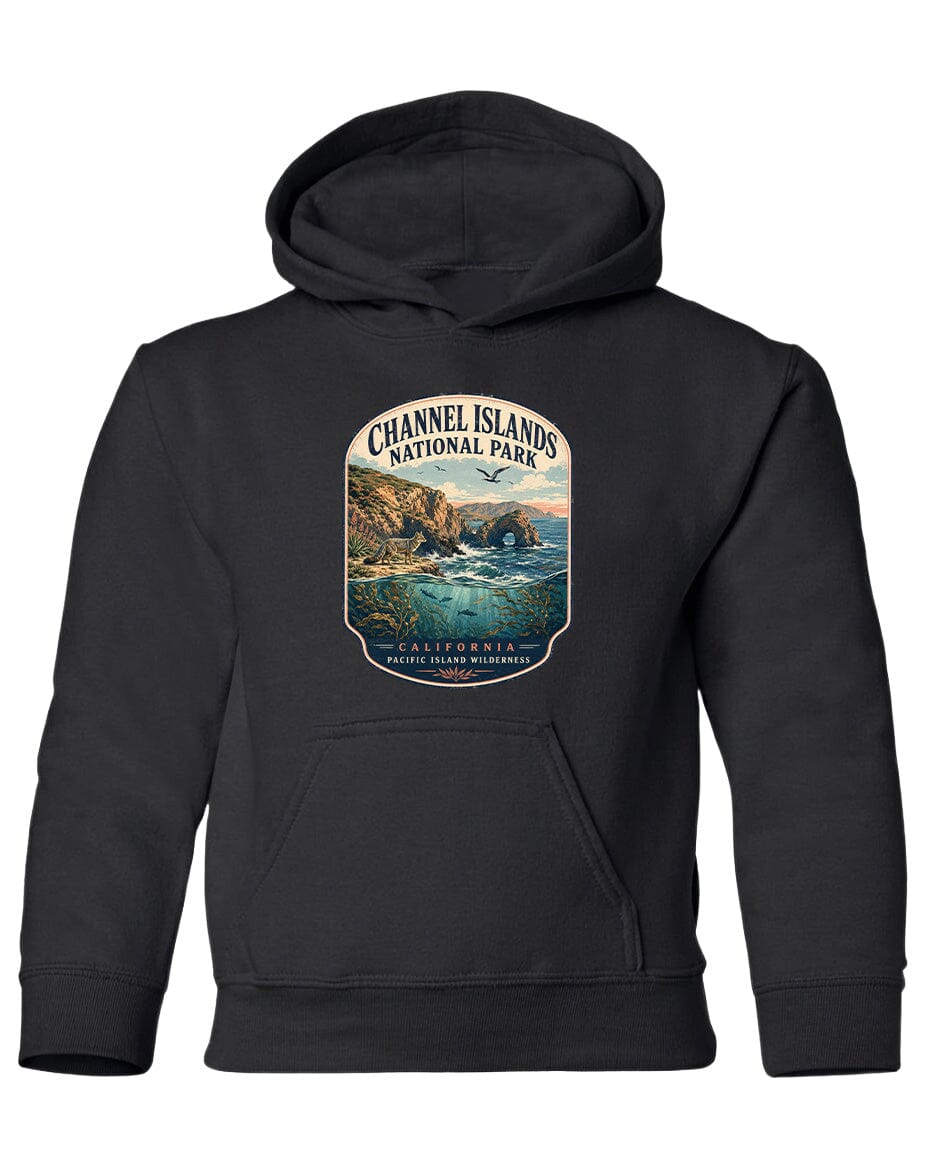 A black hoodie with a graphic design depicting a scenic landscape, including a rocky coastline, ocean, and mountains, along with the text "Channel Islands National Park" and "California, Oregon, Washington".