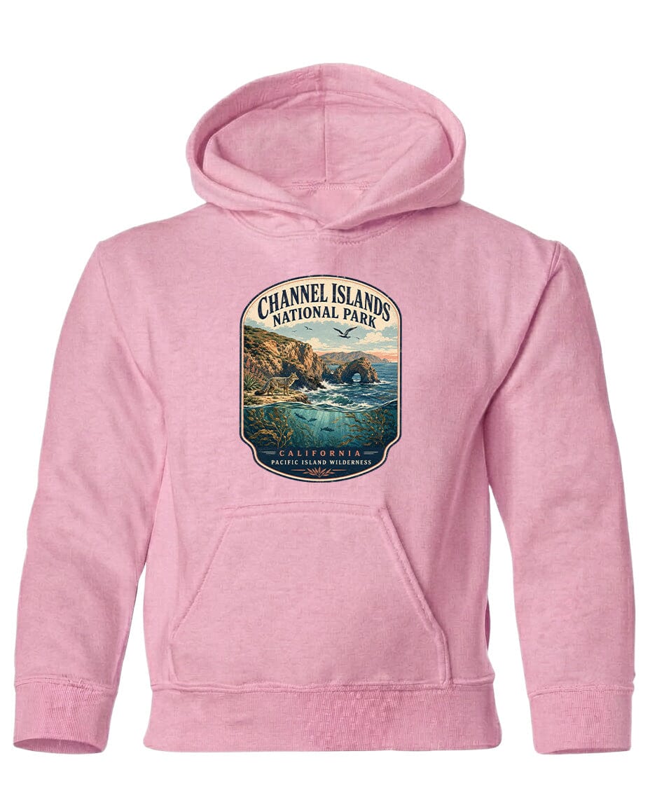 A pink hoodie with a graphic design depicting a scenic landscape, including a body of water, mountains, and a sunset.