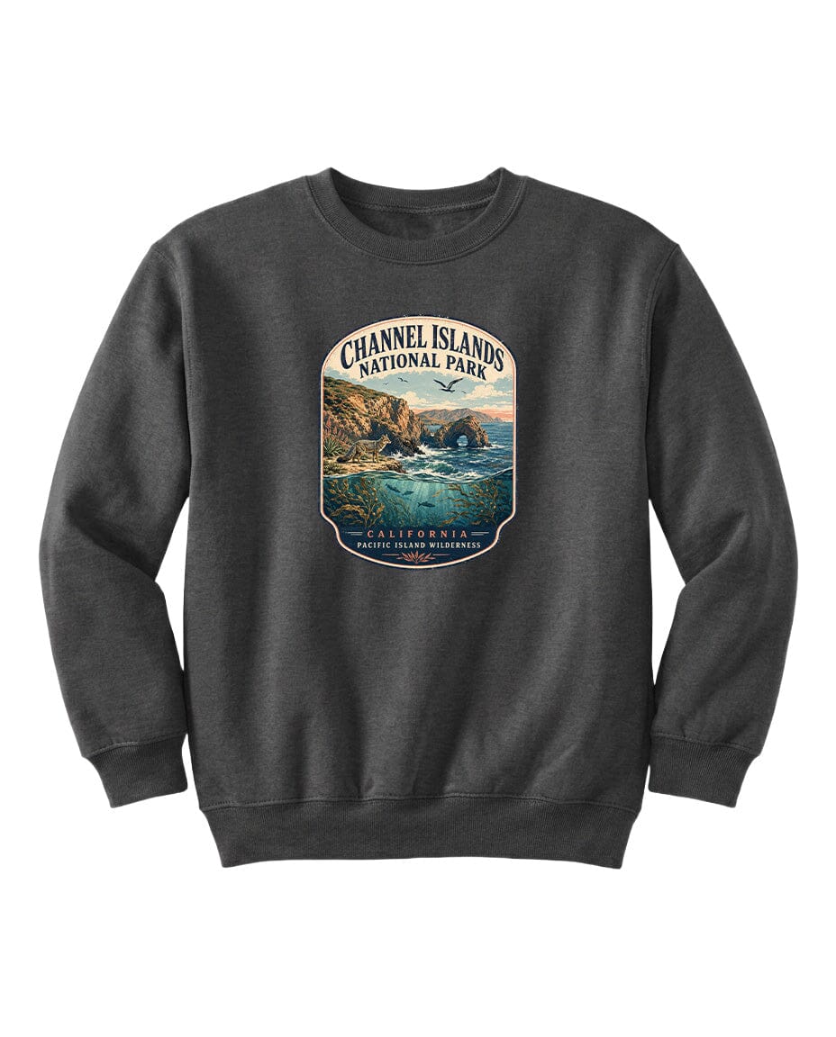 A gray sweatshirt with a graphic design depicting a scenic coastal landscape with cliffs, water, and a sunset sky.