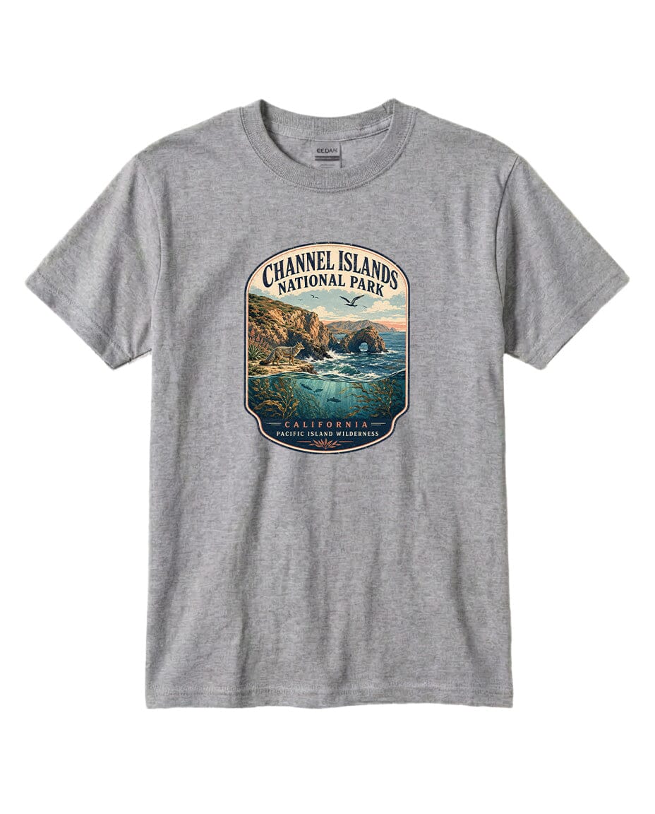 A gray t-shirt with a graphic design depicting a scenic coastal landscape, including cliffs, water, and a sunset.