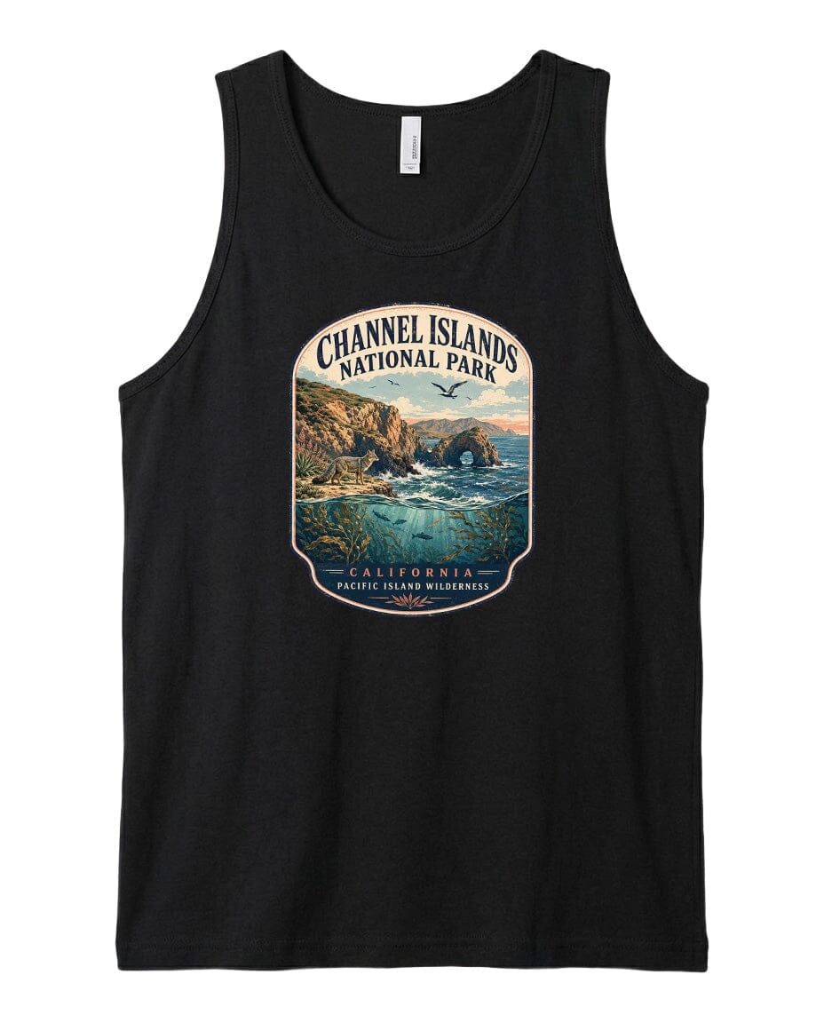 A black tank top with a graphic design depicting a scenic landscape with cliffs, water, and a bird in flight.