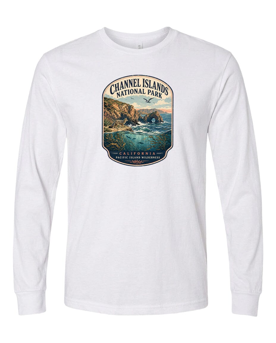 A white long-sleeved t-shirt with a graphic design depicting a scenic coastal landscape, including cliffs, water, and a sunset.
