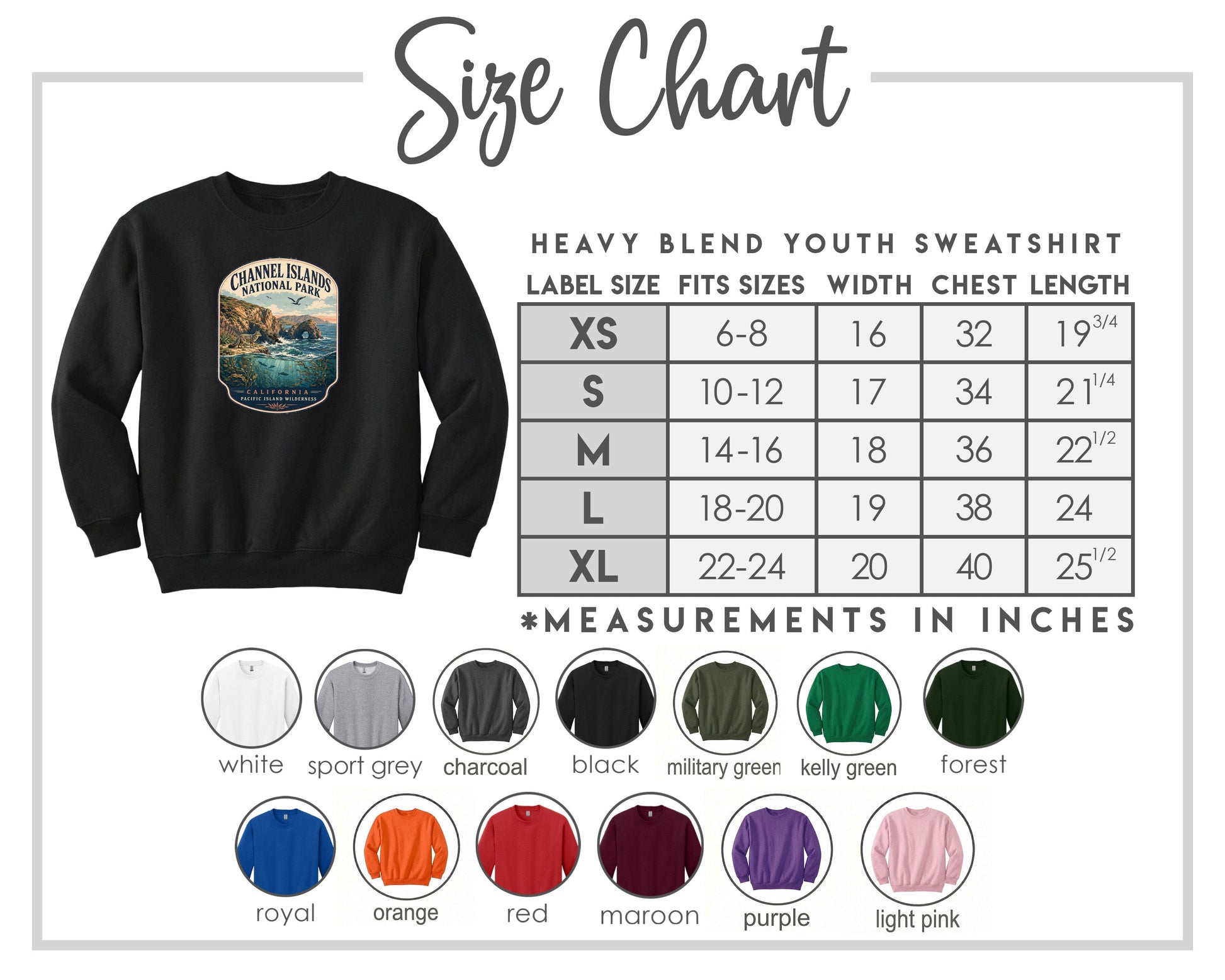 The image is a size chart for a heavy blend youth sweatshirt, including various color options and corresponding measurements in inches.