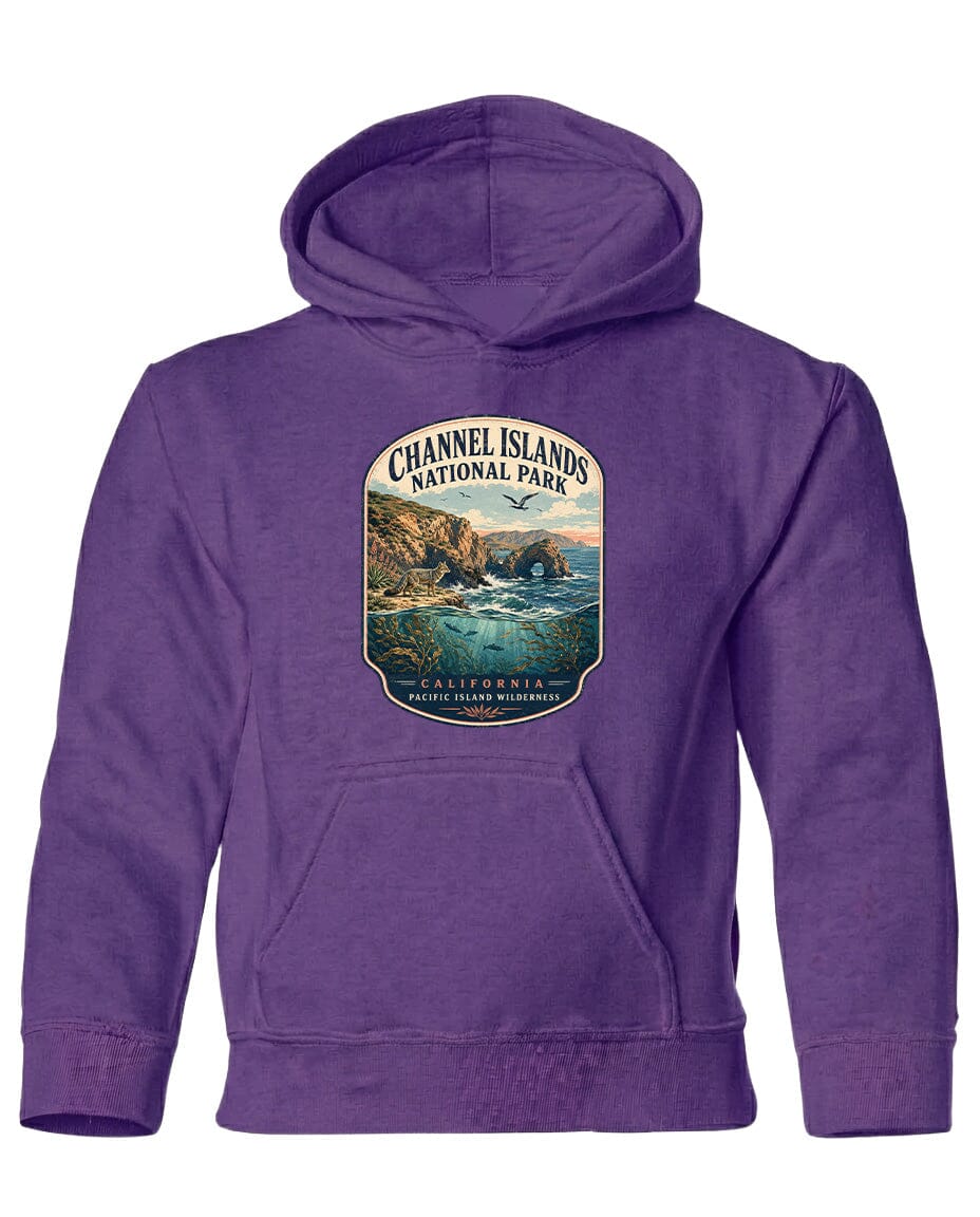 A purple hoodie with a graphic design depicting a scenic coastal landscape, including a rocky shoreline, ocean waves, and a sunset sky.