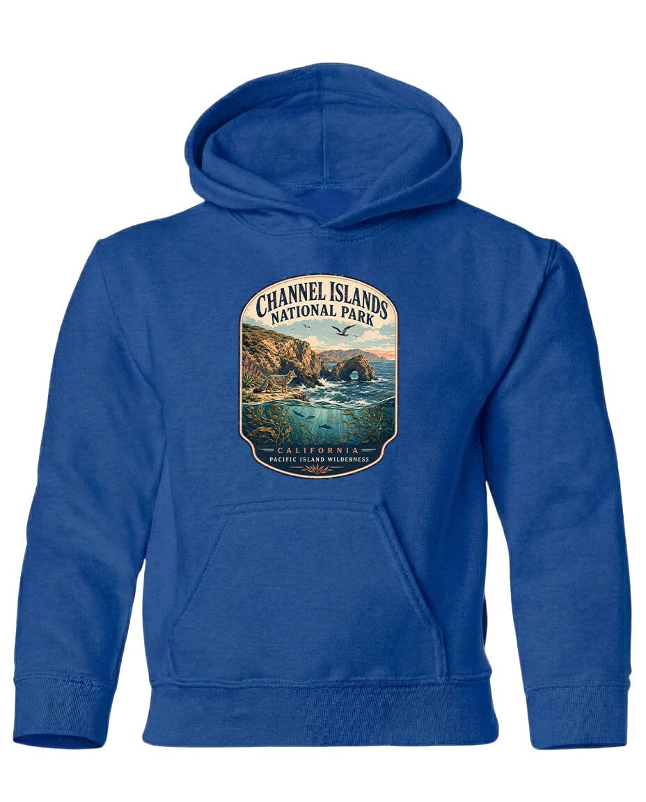 A blue hoodie with a graphic design depicting a scenic landscape, including a body of water, mountains, and a sunset.