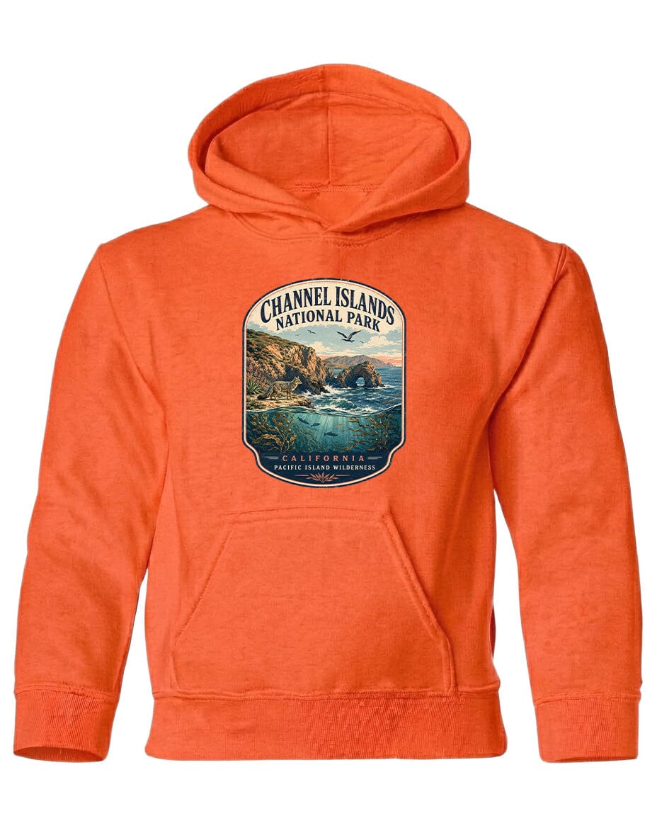 An orange hoodie with a graphic design depicting a scenic landscape, including a body of water, mountains, and a bird in flight.