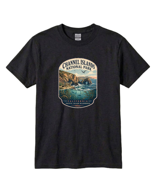 A black t-shirt with a graphic design depicting a scenic coastal landscape, including cliffs, water, and a bird in flight.