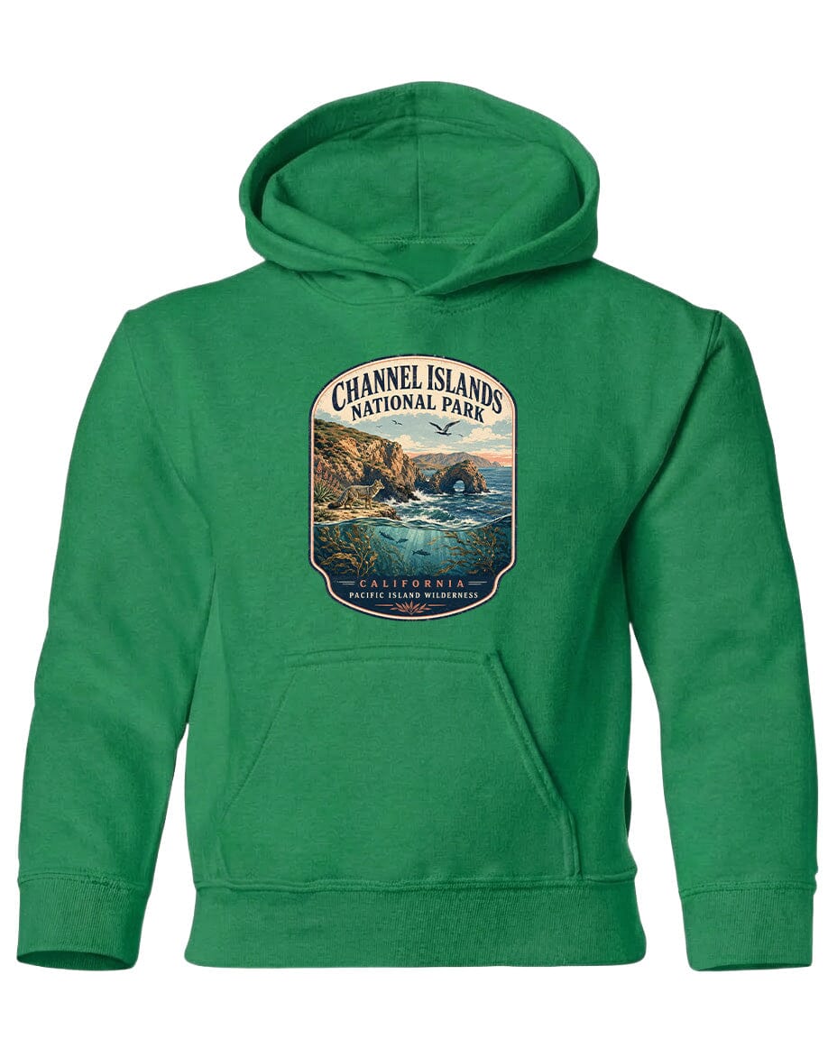 A green hoodie with a graphic design depicting a scenic landscape, including a body of water, mountains, and a sunset.