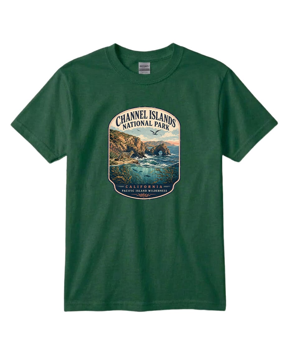 A green t-shirt with a graphic design depicting a scenic coastal landscape with cliffs, water, and a bird in flight.
