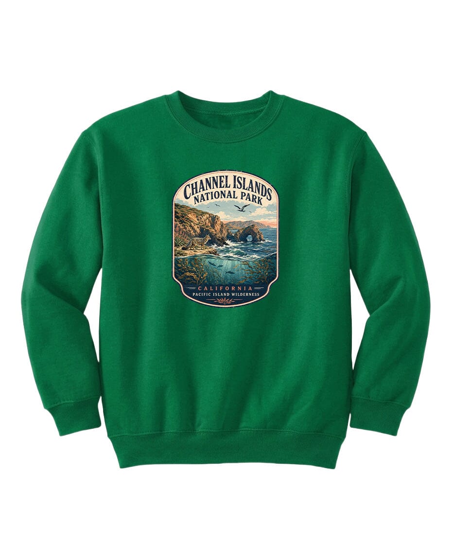 A green sweatshirt with a graphic design depicting a scenic coastal landscape, including cliffs, water, and a sunset.