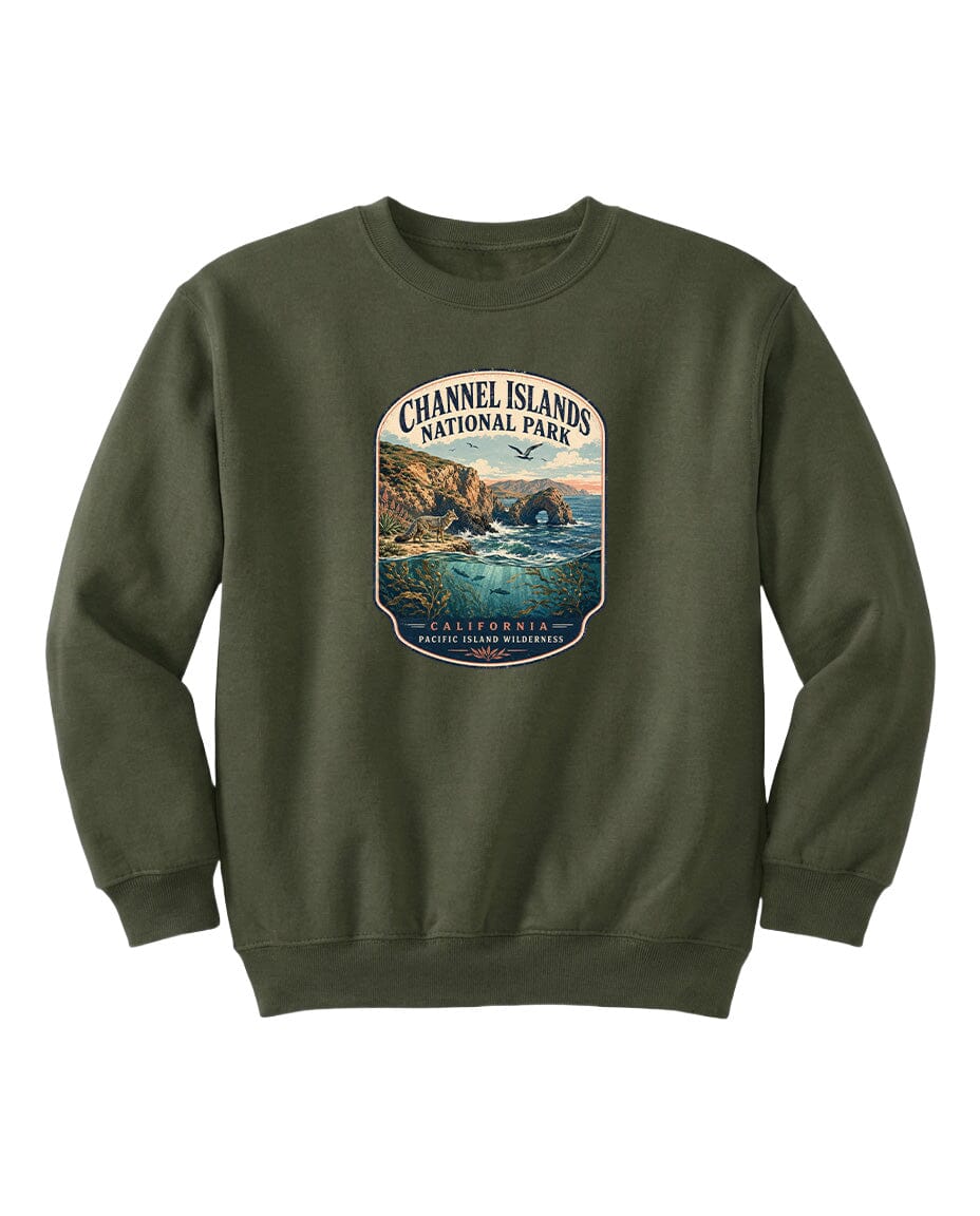 A green sweatshirt with a graphic design depicting a scenic coastal landscape, including cliffs, water, and a sunset.