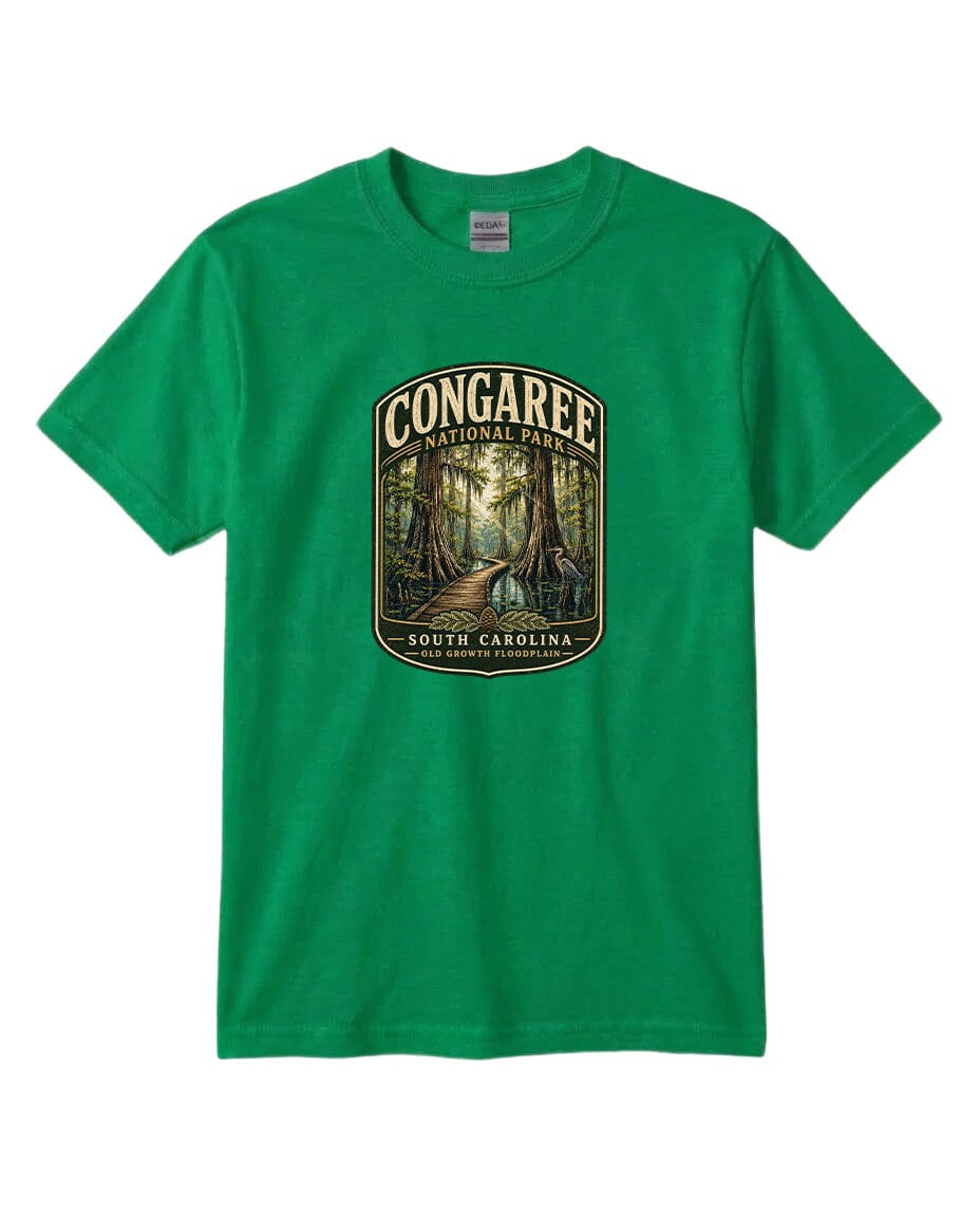 A green t-shirt with a graphic design depicting a forest scene with a path leading through it.