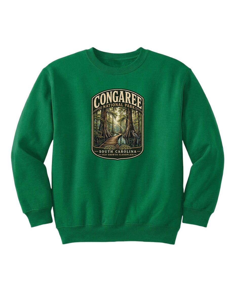 A green sweatshirt with a large graphic design depicting a forest scene.