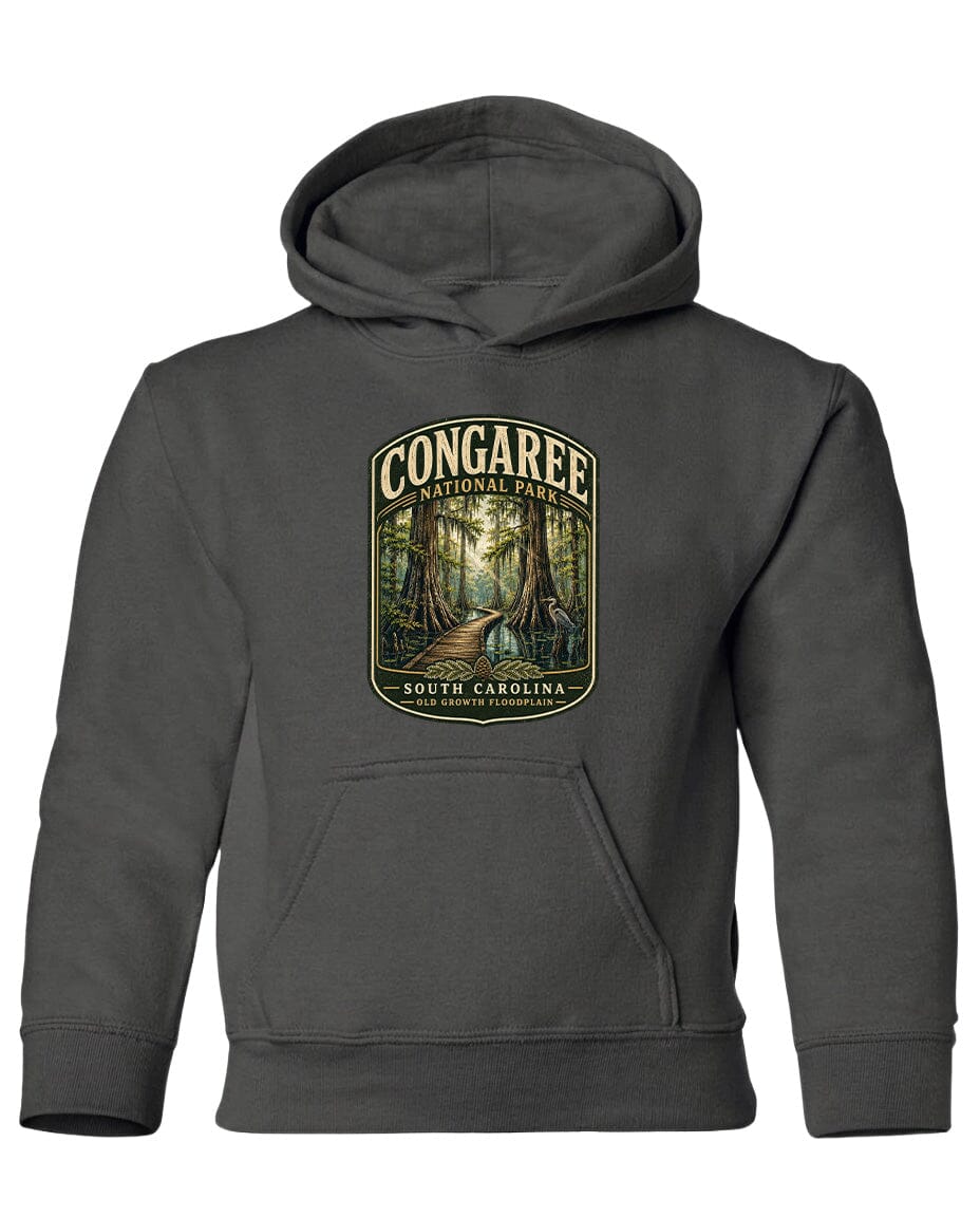 A gray hooded sweatshirt with a graphic design depicting a forest scene and the text "CONGAREE NATIONAL PARK SOUTH CAROLINA" printed on it.