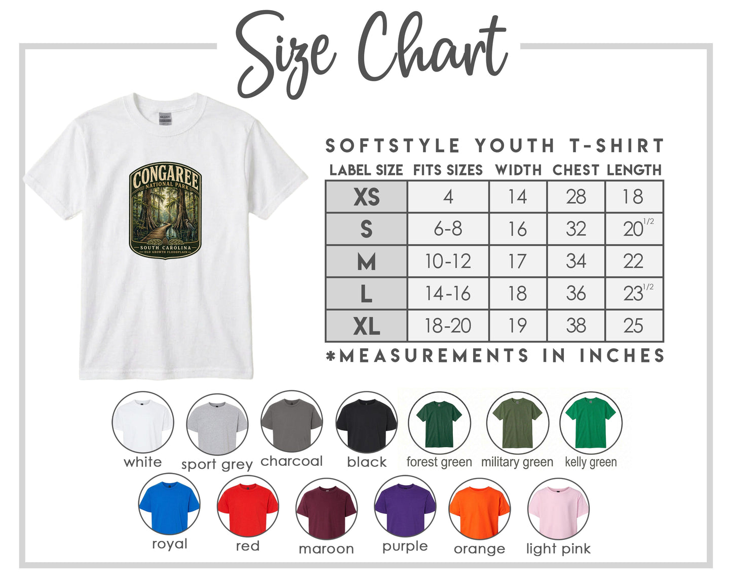 The image is a size chart for a softstyle youth t-shirt, providing measurements for different sizes and corresponding t-shirt colors.