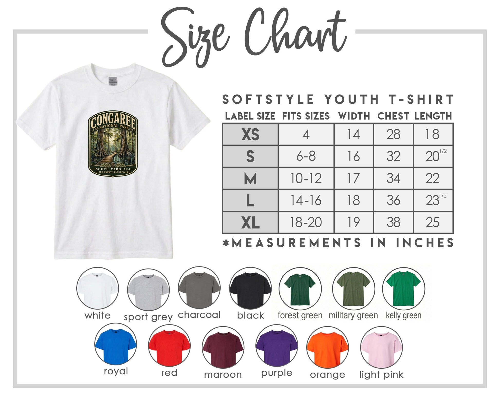 The image is a size chart for a softstyle youth t-shirt, providing measurements for different sizes and corresponding t-shirt colors.