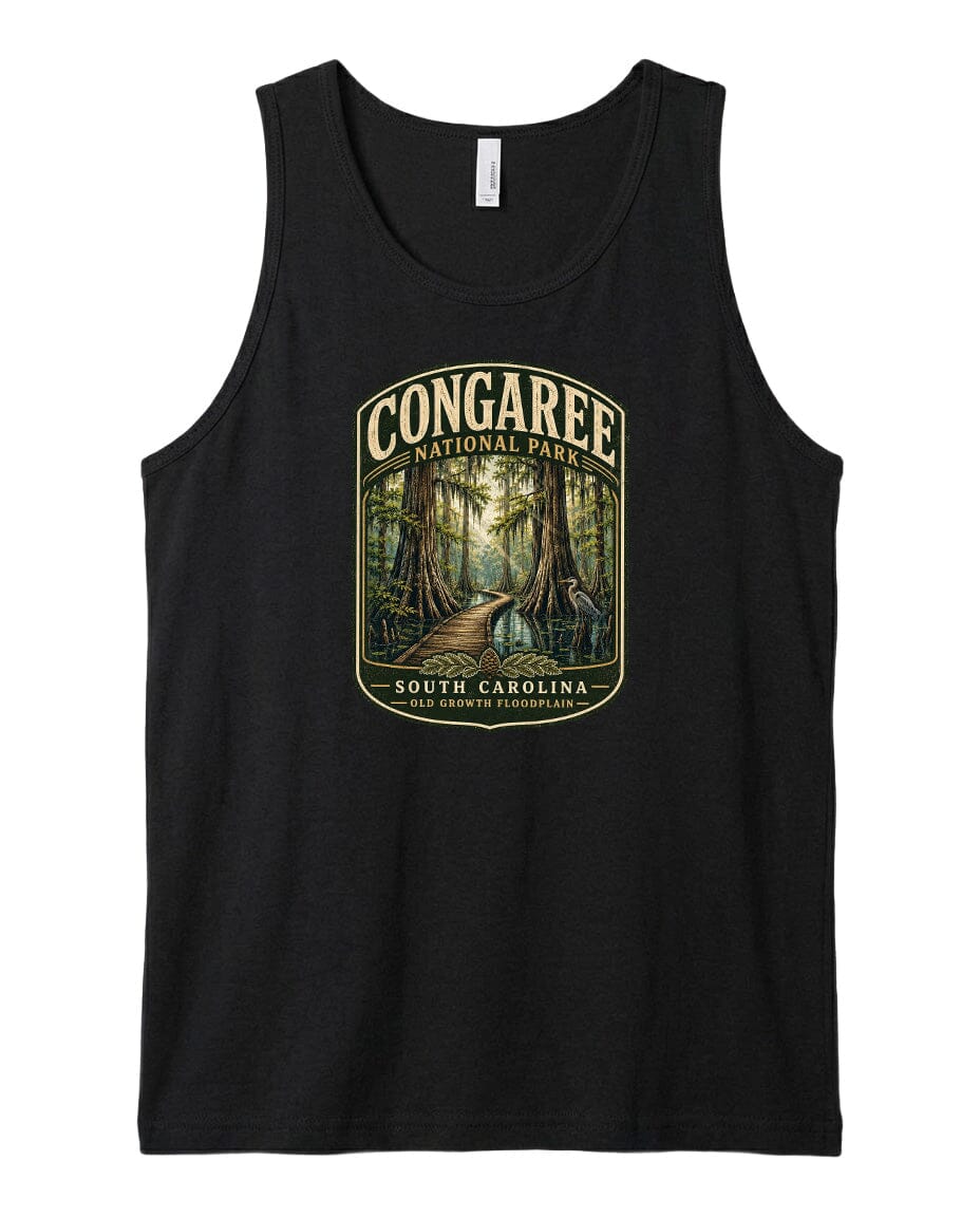 A black tank top with a graphic design depicting a forest scene, specifically Congaree National Park in South Carolina.