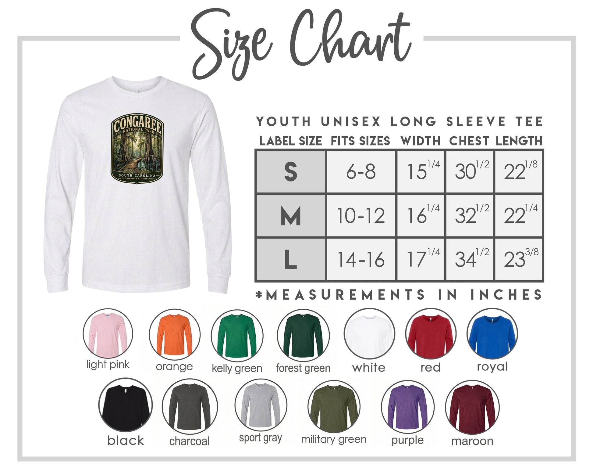 The image is a size chart for a youth unisex long sleeve tee, including various color options and corresponding measurements.