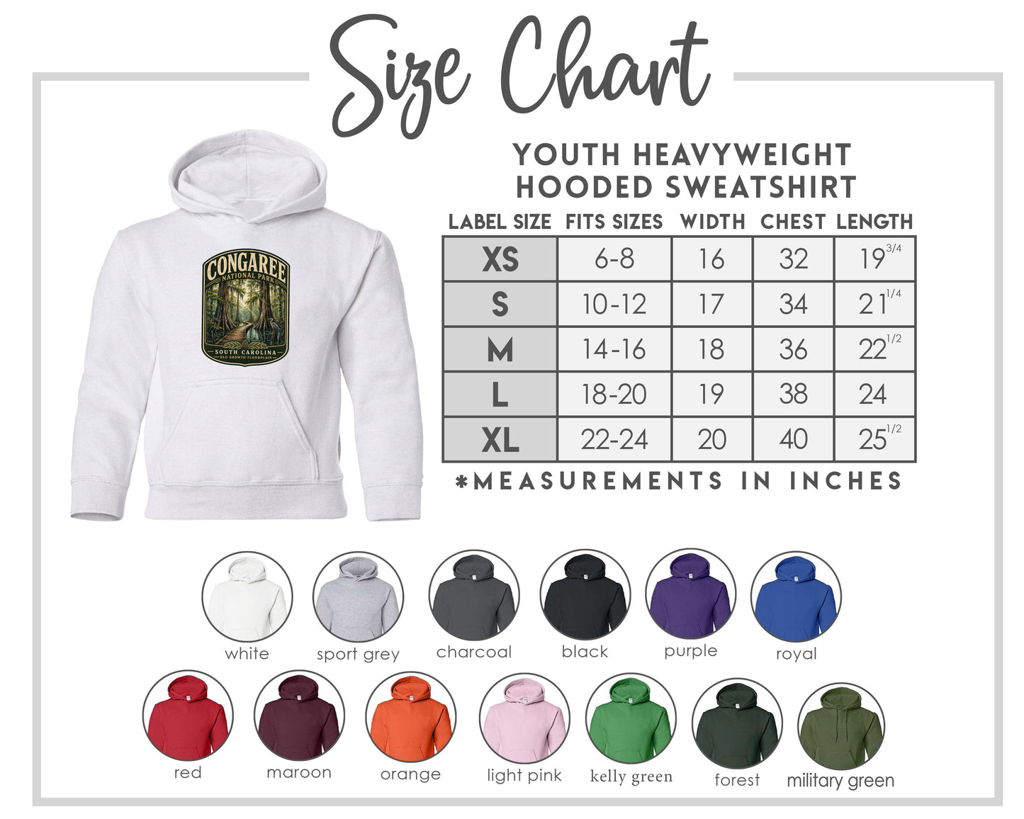 The image is a size chart for a youth heavyweight hooded sweatshirt. It includes a labeled hooded sweatshirt and a table with measurements for different sizes.