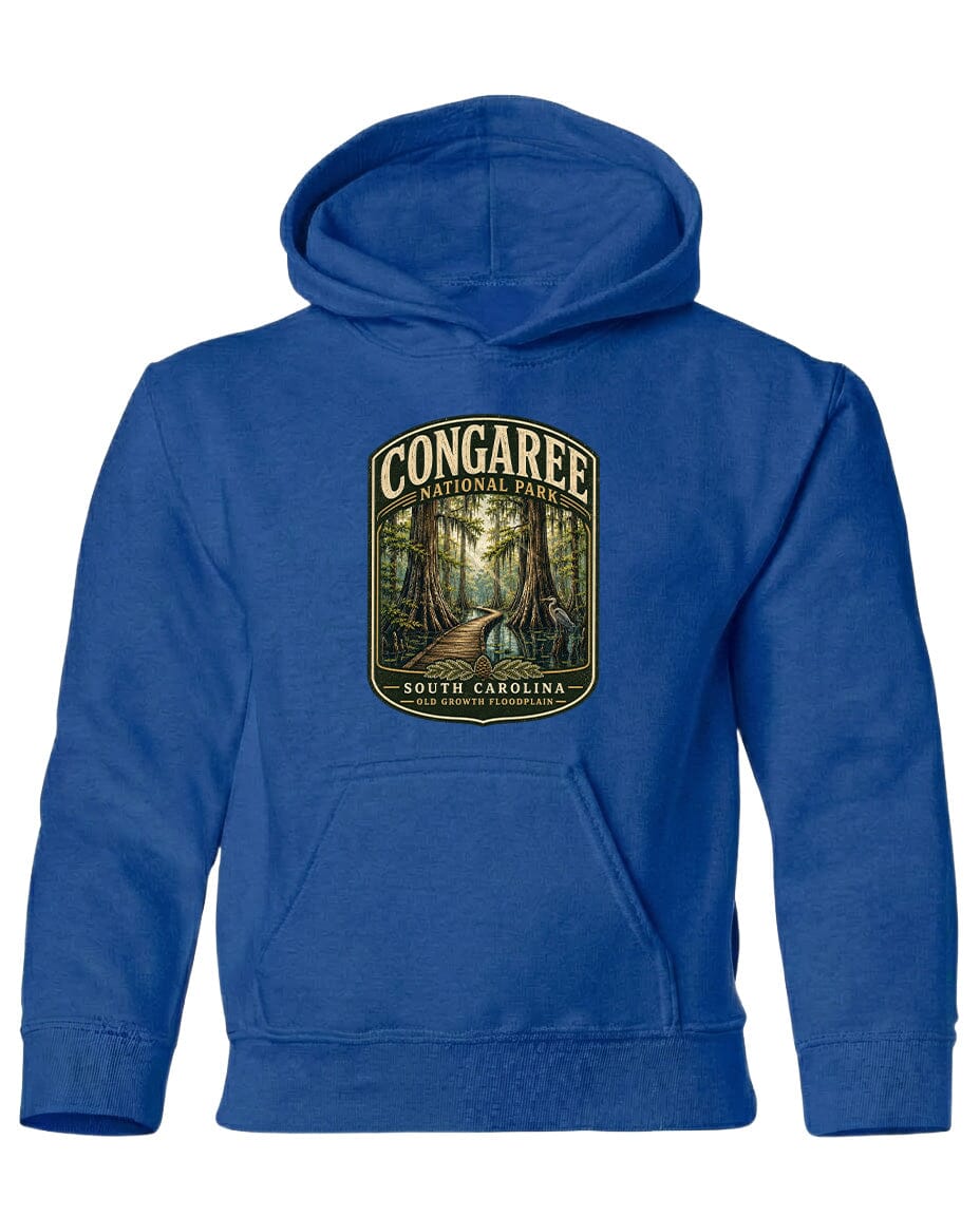 A blue hoodie with a graphic design depicting a forest scene and the text "CONGAREE NATIONAL PARK SOUTH CAROLINA" printed on it.