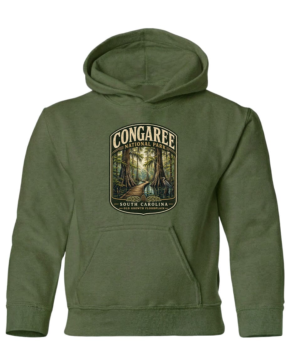 A green hoodie with a graphic design depicting a forest scene and the text "CONGAREE NATIONAL PARK SOUTH CAROLINA" printed on it.