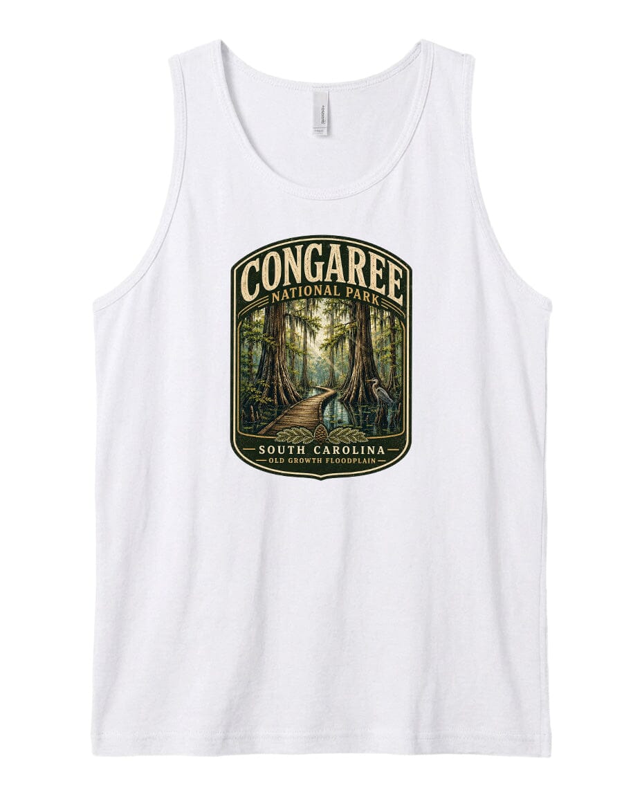 A white tank top with a graphic design depicting a forest scene with a path leading through it, surrounded by trees and foliage.