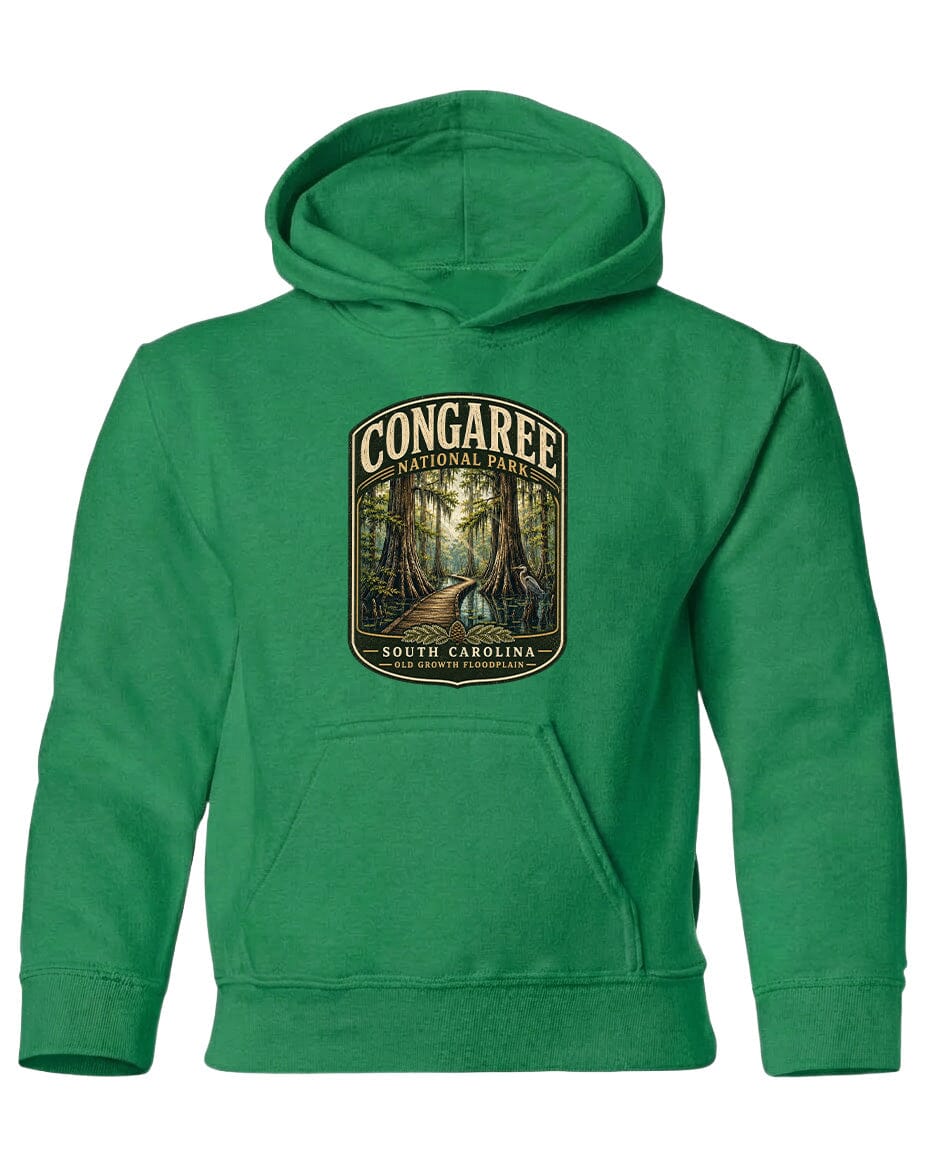 A green hoodie with a graphic design depicting a forest scene and the text "CONGAREE NATIONAL PARK SOUTH CAROLINA" printed on it.