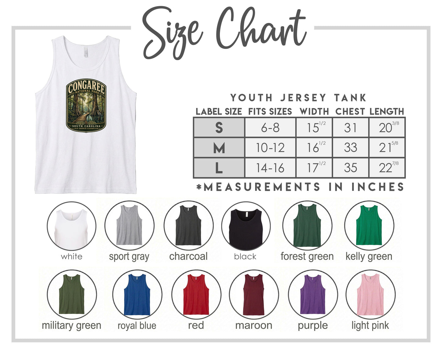 The image is a size chart for a youth jersey tank, displaying various label sizes and corresponding chest measurements. The chart includes a white tank with a label that reads "CONGAREE" and a list of label sizes and measurements. There are also multiple colored tank tops displayed, each with a label size and chest measurement. The chart provides a visual guide for selecting the appropriate label size based on the chest measurement.