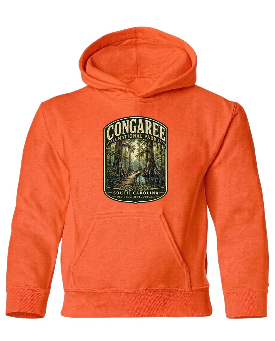An orange hoodie with a graphic design depicting a forest scene and the text "CONGAREE NATIONAL PARK SOUTH CAROLINA" printed on it.